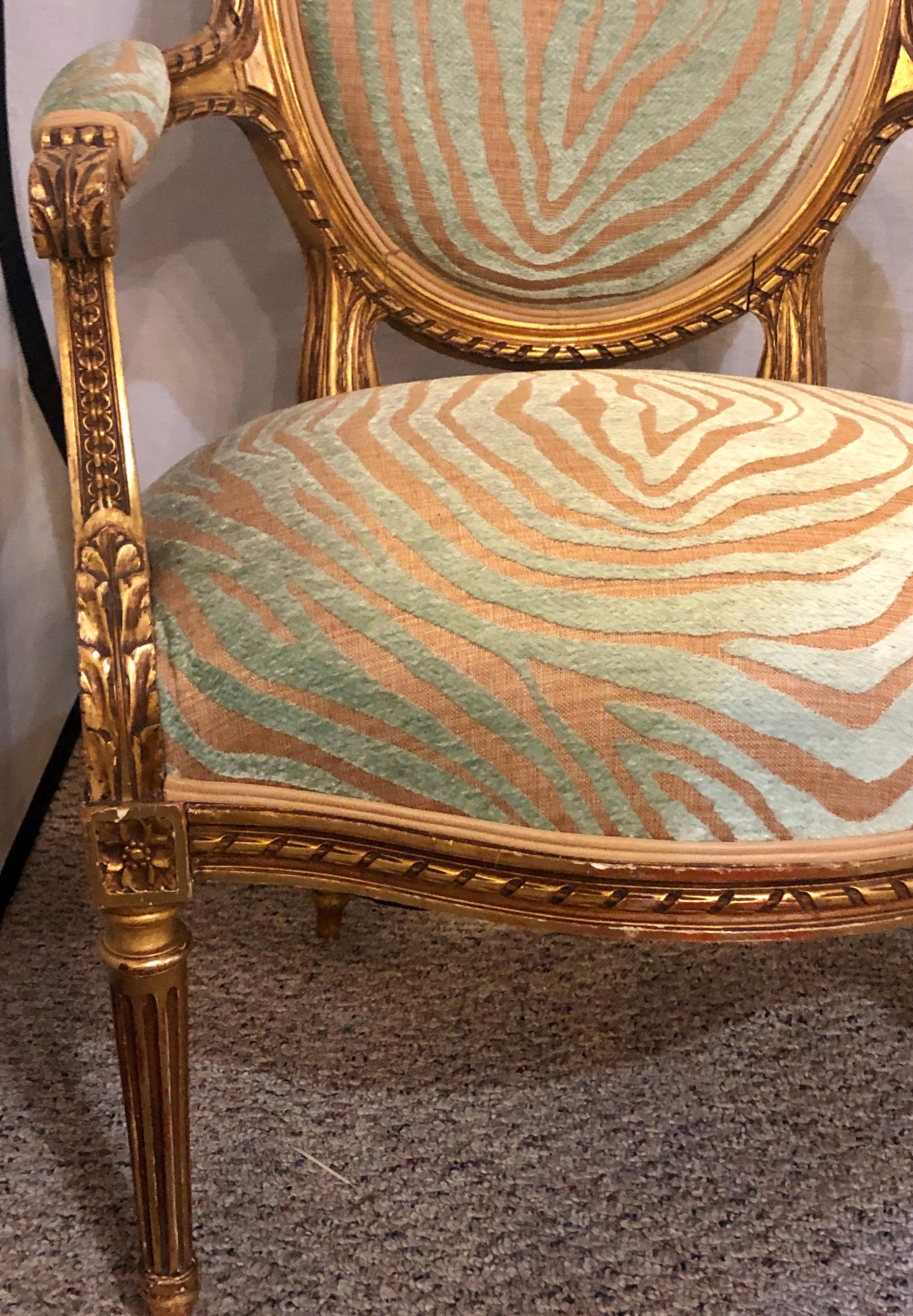 Pair of Louis XVI Style Green Zebra Striped Fauteuils or Armchairs 5