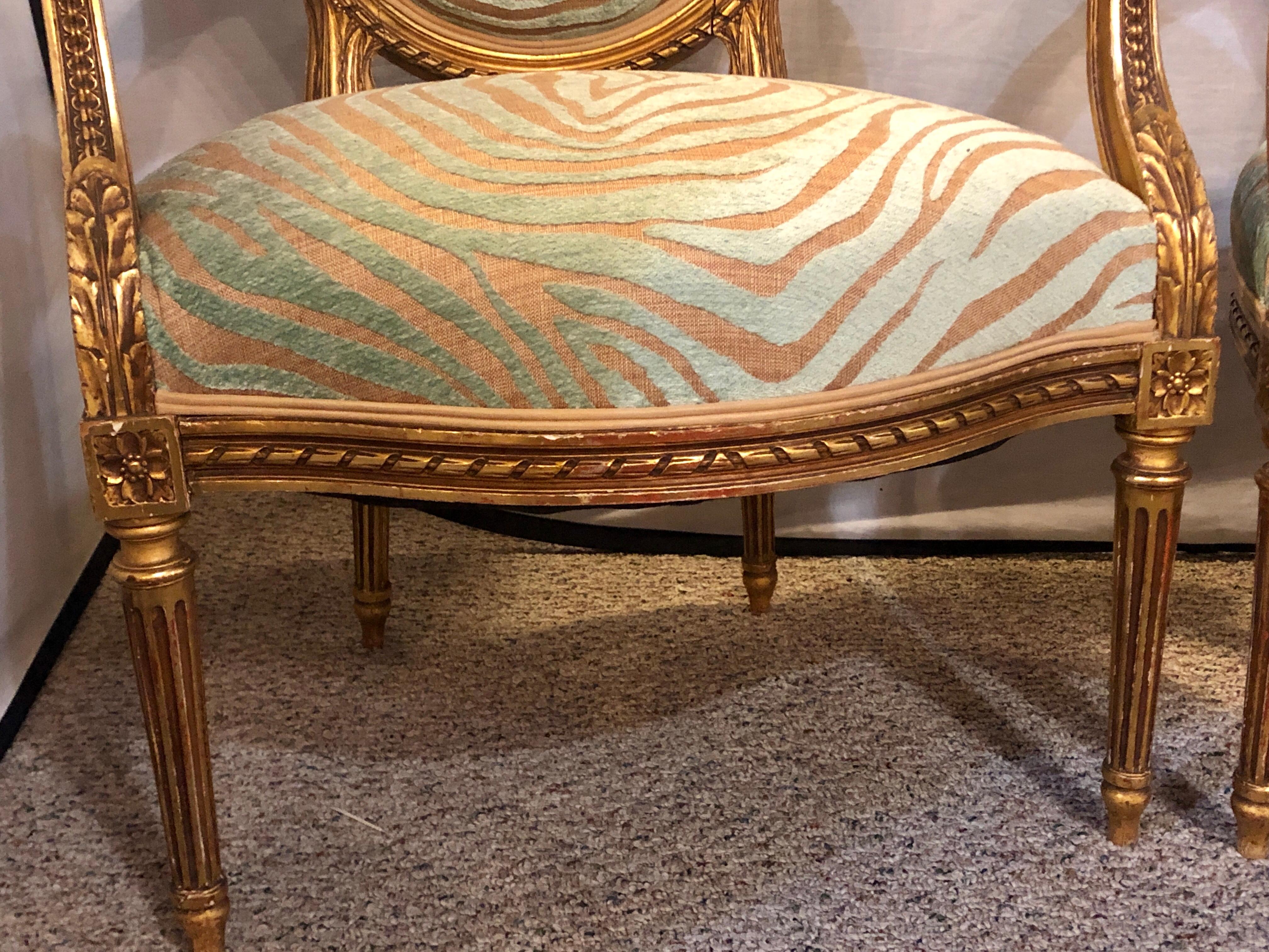 Pair of Louis XVI Style Green Zebra Striped Fauteuils or Armchairs 6