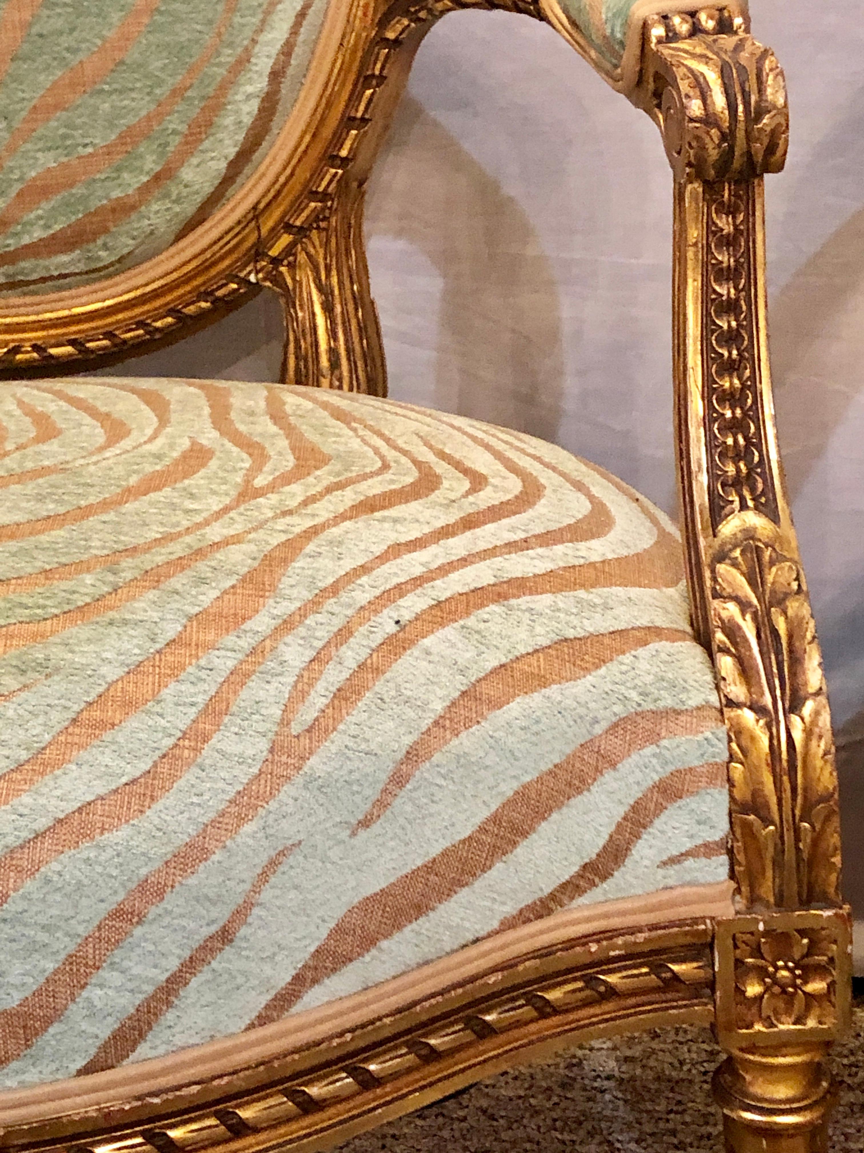 Pair of Louis XVI Style Green Zebra Striped Fauteuils or Armchairs 7