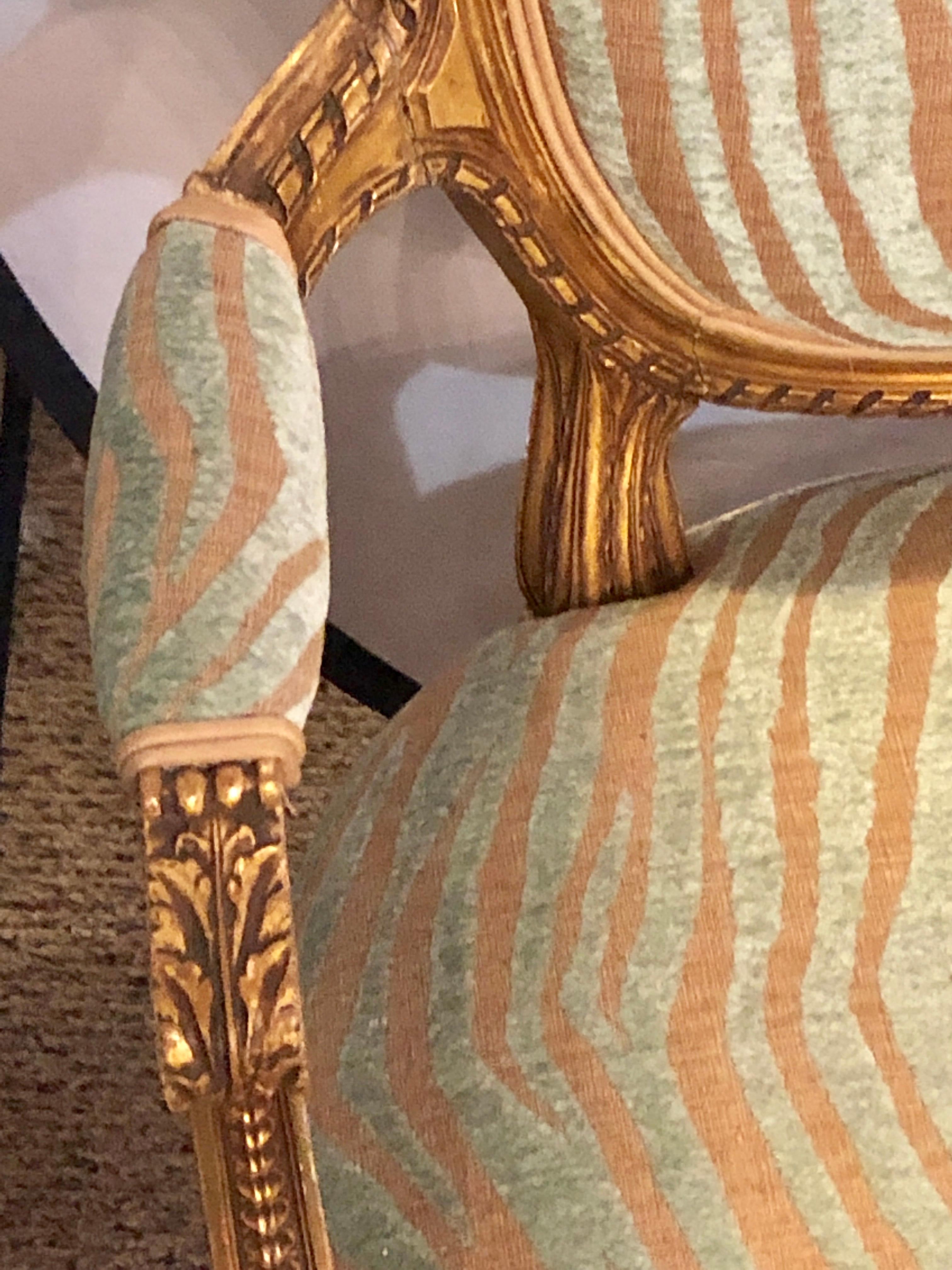Pair of Louis XVI Style Green Zebra Striped Fauteuils or Armchairs 8