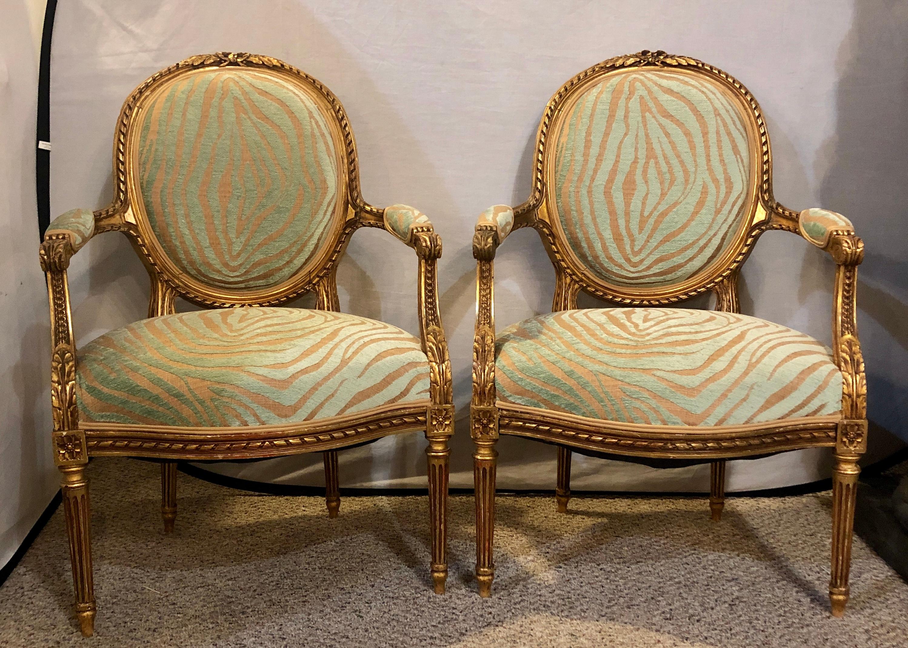 Hollywood Regency Pair of Louis XVI Style Green Zebra Striped Fauteuils or Armchairs