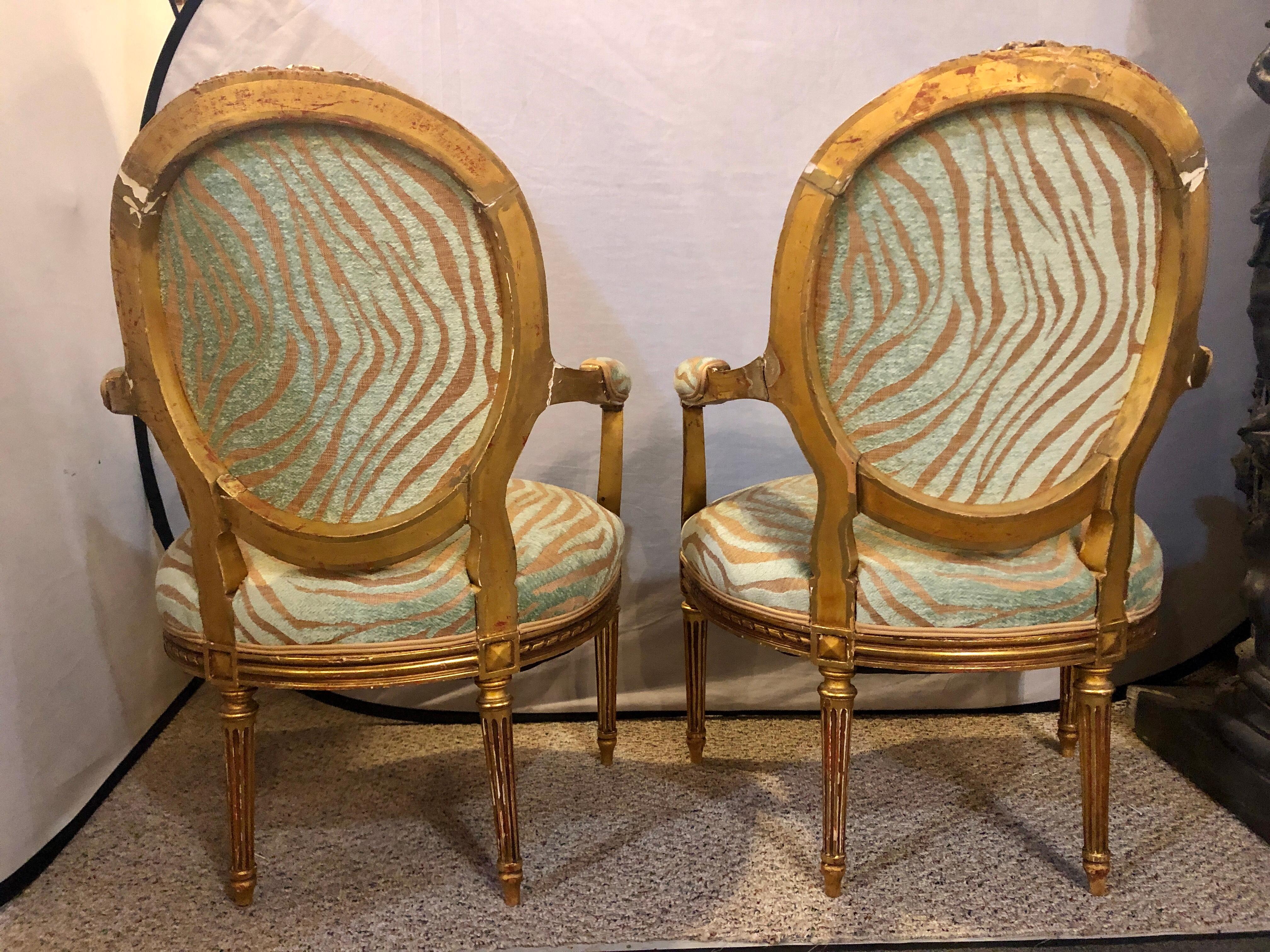 French Pair of Louis XVI Style Green Zebra Striped Fauteuils or Armchairs
