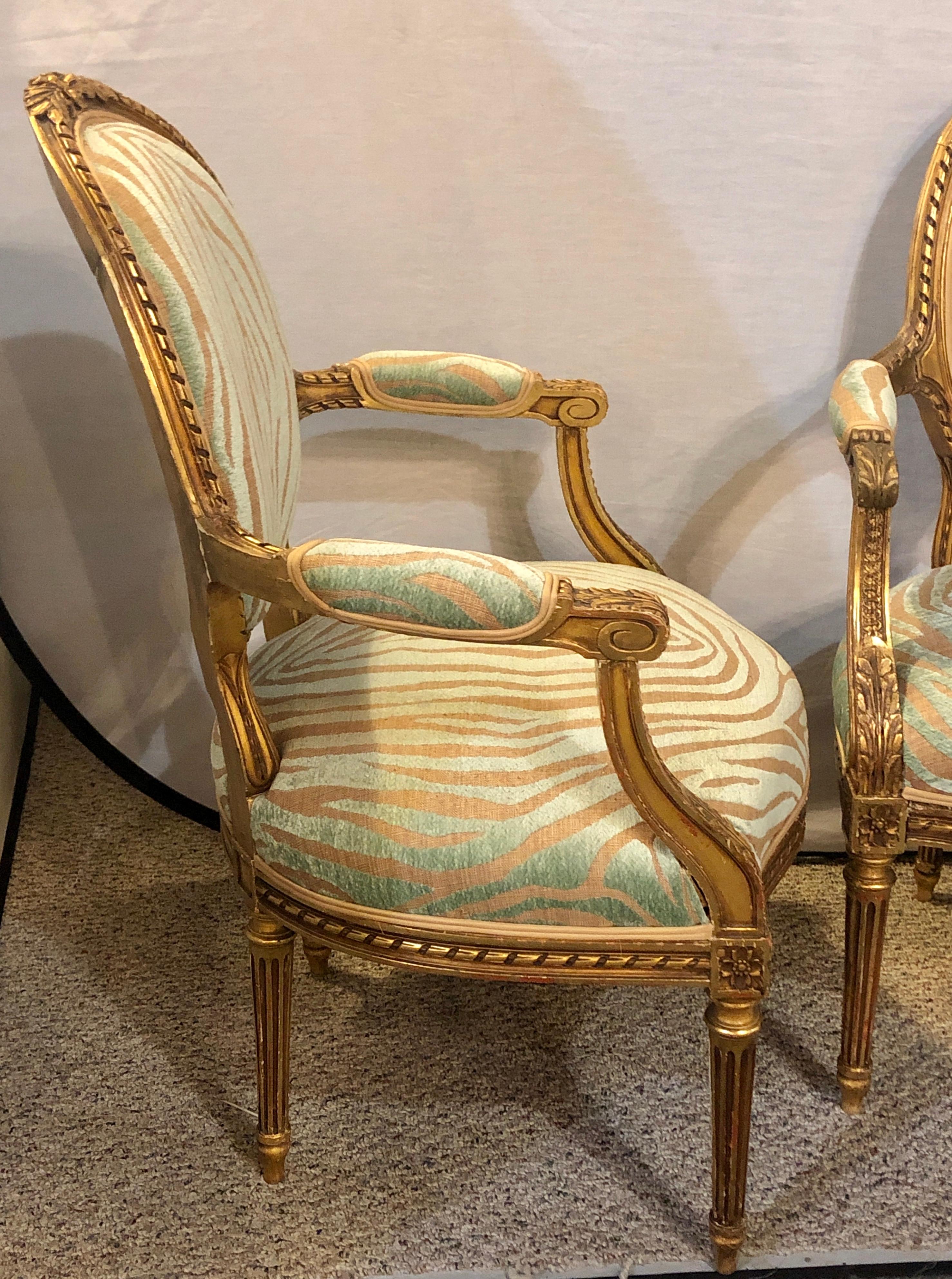 Pair of Louis XVI Style Green Zebra Striped Fauteuils or Armchairs In Good Condition In Stamford, CT