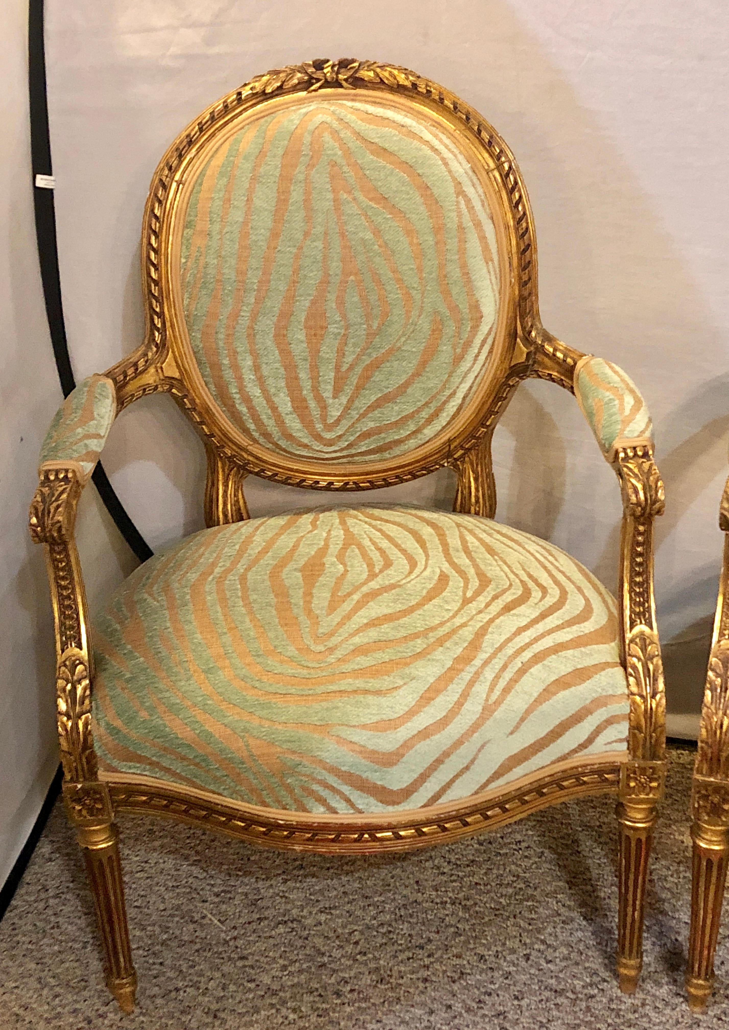 20th Century Pair of Louis XVI Style Green Zebra Striped Fauteuils or Armchairs