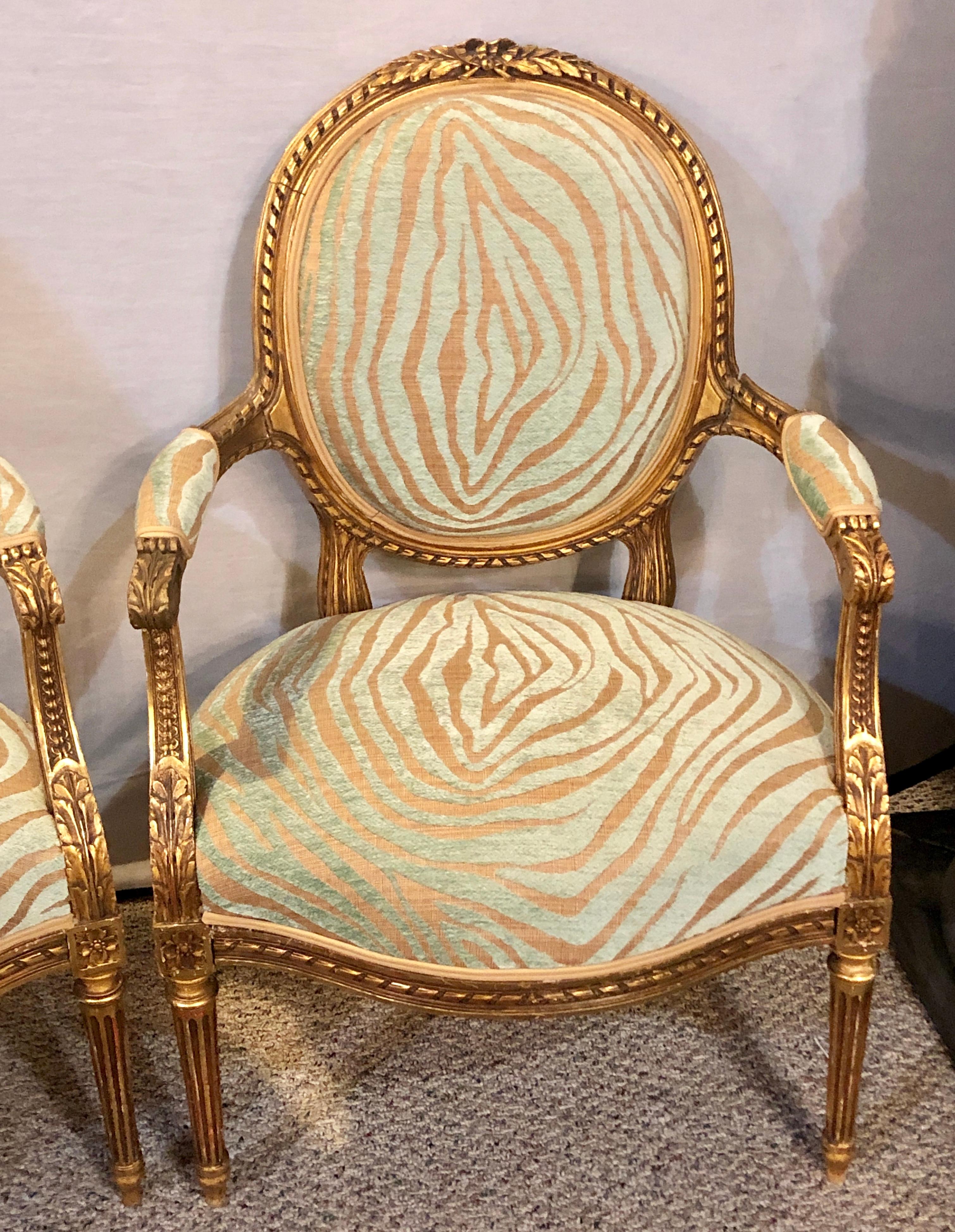 Faux Fur Pair of Louis XVI Style Green Zebra Striped Fauteuils or Armchairs