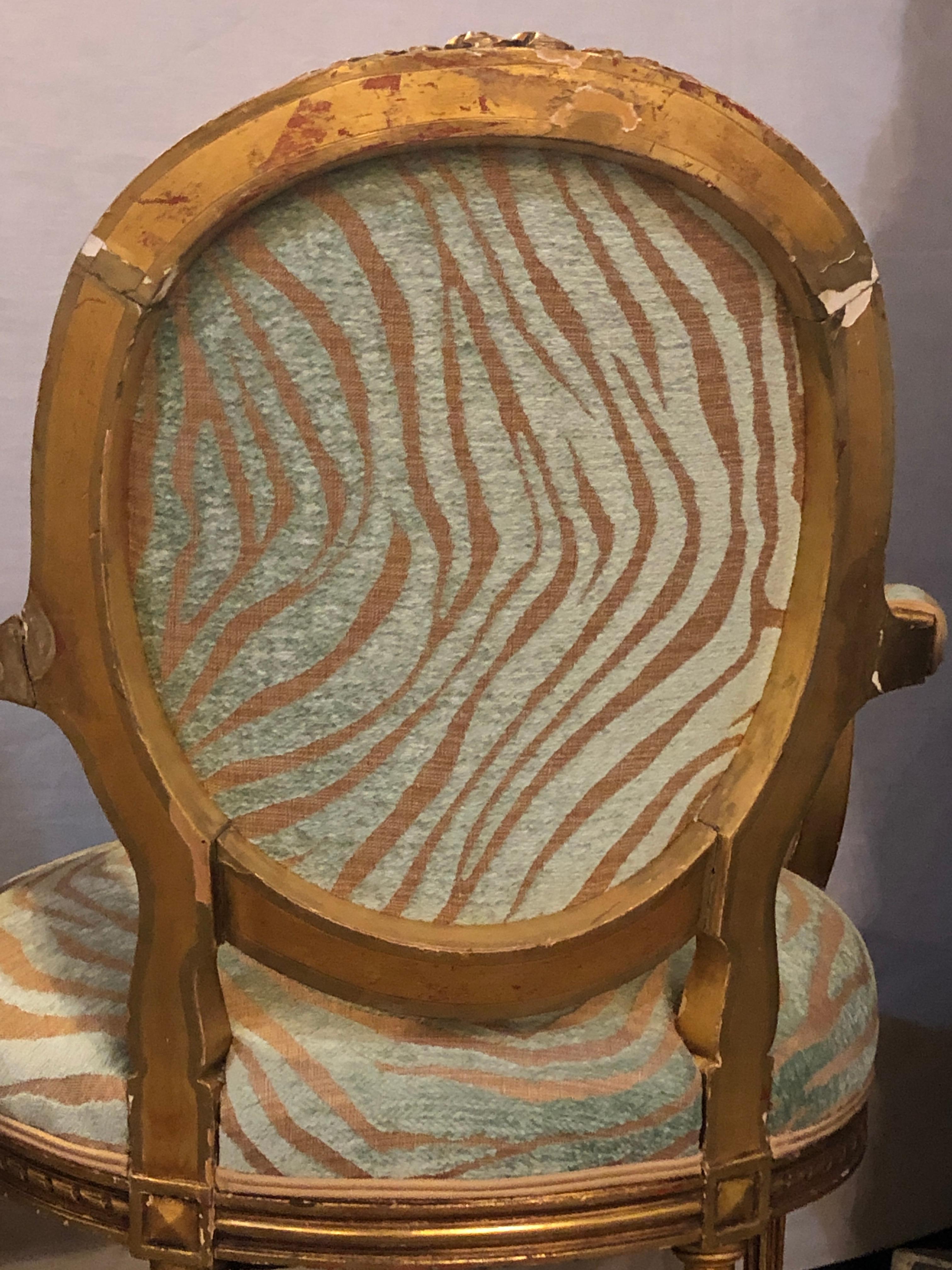 Pair of Louis XVI Style Green Zebra Striped Fauteuils or Armchairs 1
