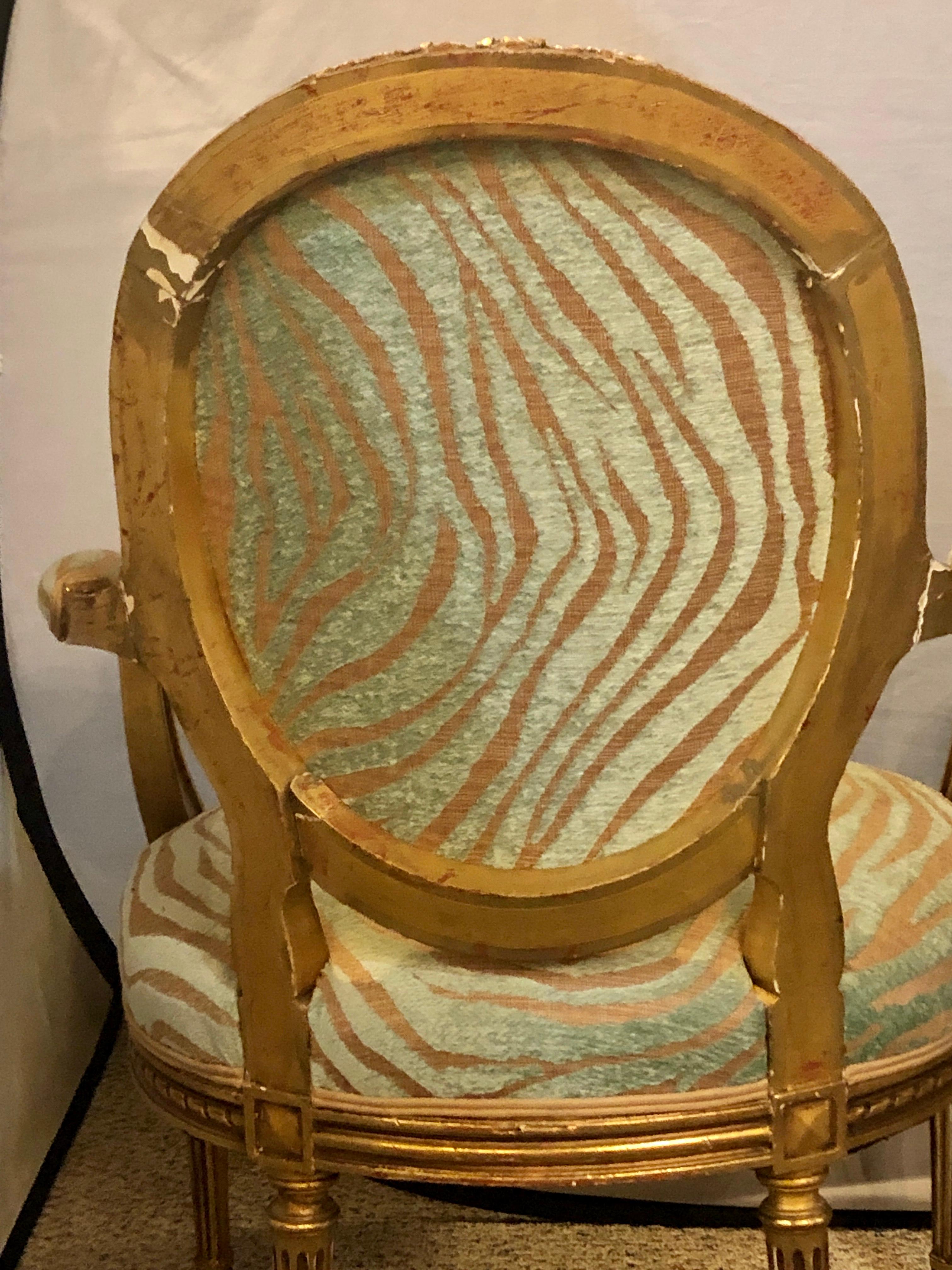Pair of Louis XVI Style Green Zebra Striped Fauteuils or Armchairs 2
