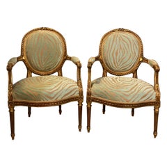 Vintage Pair of Louis XVI Style Green Zebra Striped Fauteuils or Armchairs