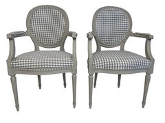 Pair of Louis XVI Style Grey Painted Country Fauteuils in Grey Gingham