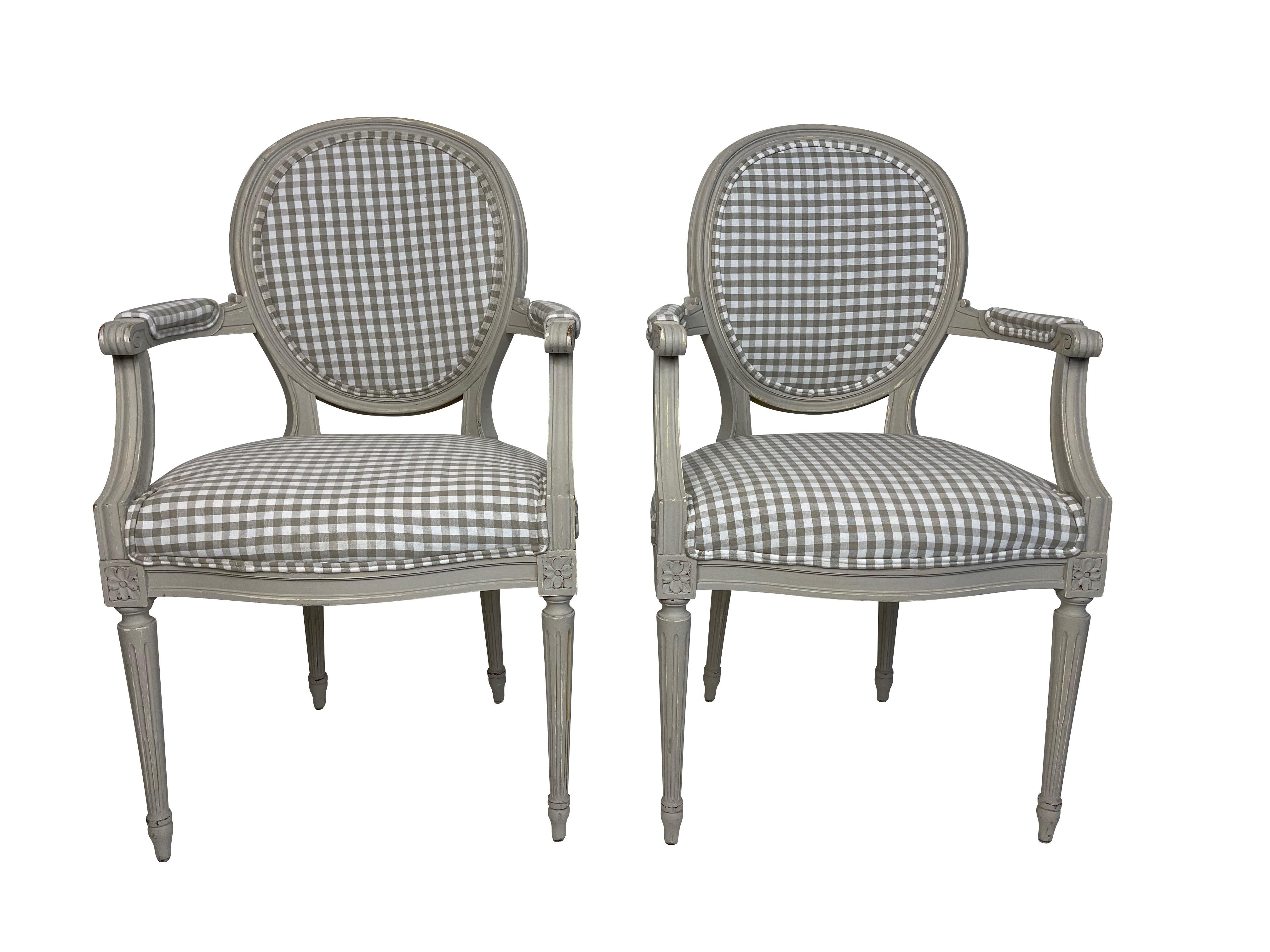 American Pair of Louis XVI Style Grey Painted Country Fauteuils in Grey Gingham