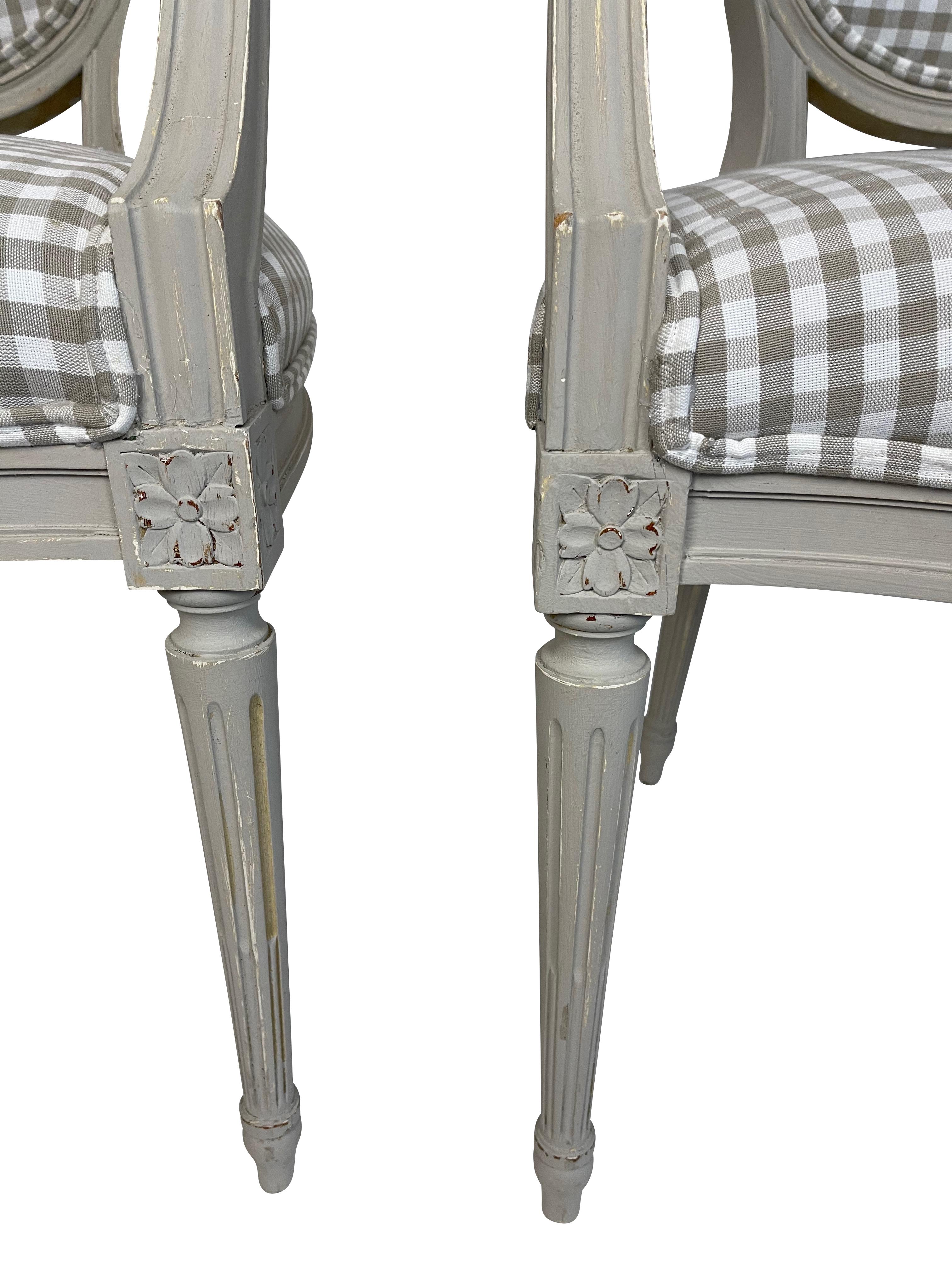 Wood Pair of Louis XVI Style Grey Painted Country Fauteuils in Grey Gingham