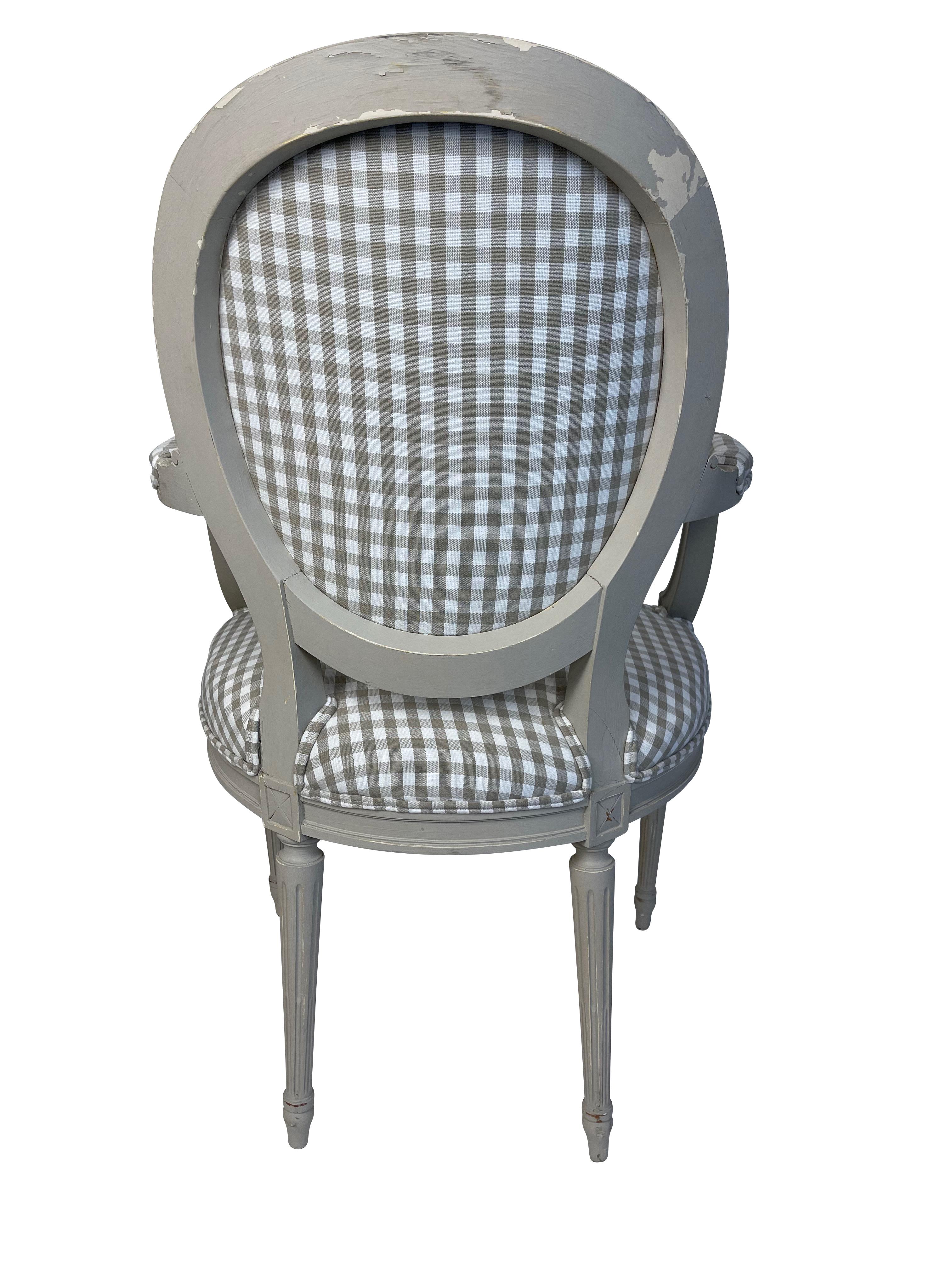 Pair of Louis XVI Style Grey Painted Country Fauteuils in Grey Gingham 1