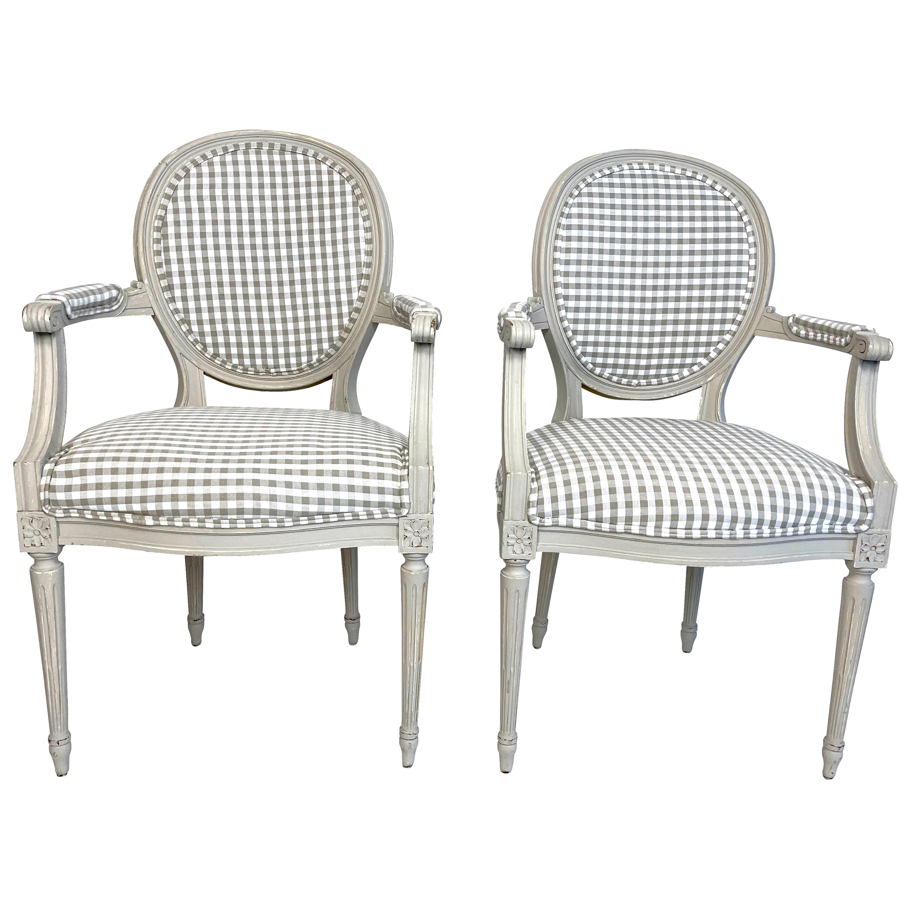 Pair of Louis XVI Style Grey Painted Country Fauteuils in Grey Gingham
