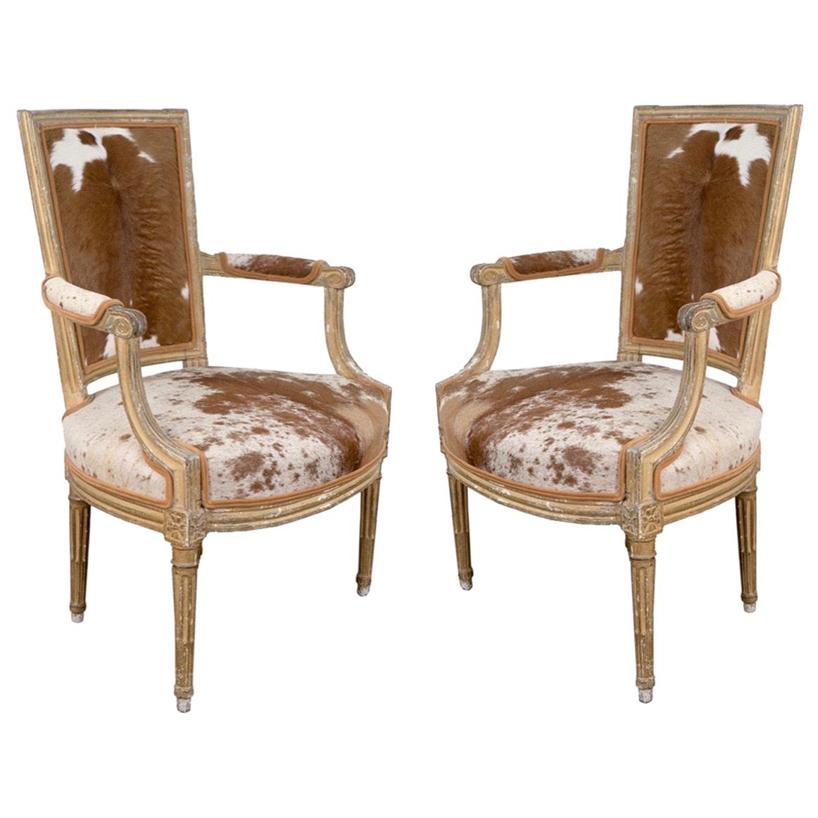 Pair of Louis XVI Style Hide Upholstered Fauteuils