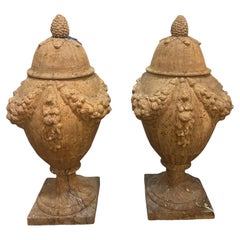 Pair of Louis XVI style Italian Terracotta Lidded Urns