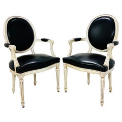 Pair of Louis XVI Style Leather Armchairs / Fauteuils