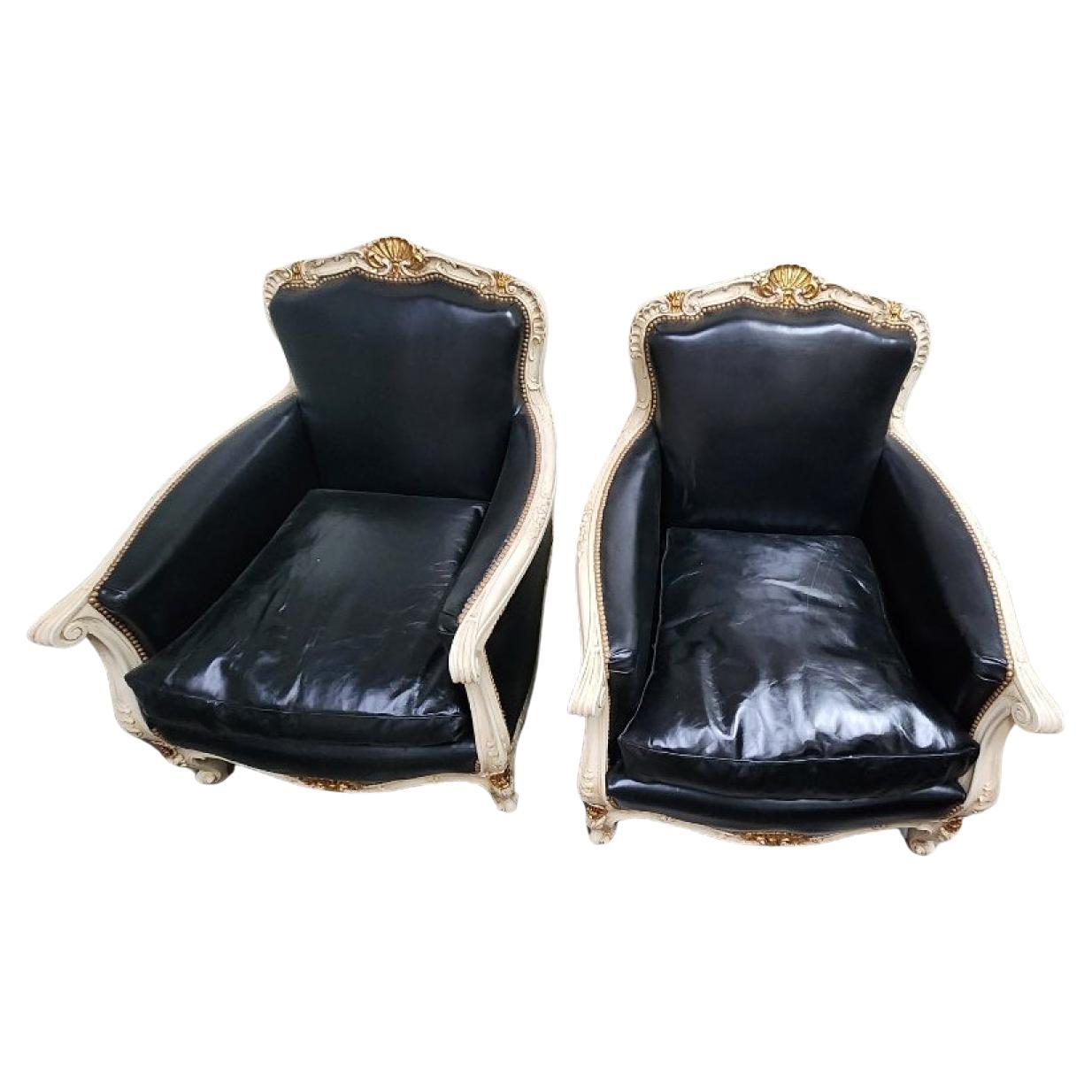 Pair of Louis XVI Style Leather Bergere Chairs