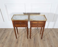 Pair of Louis XVI-Style Mahogany Bedside Tables with Marble Tops