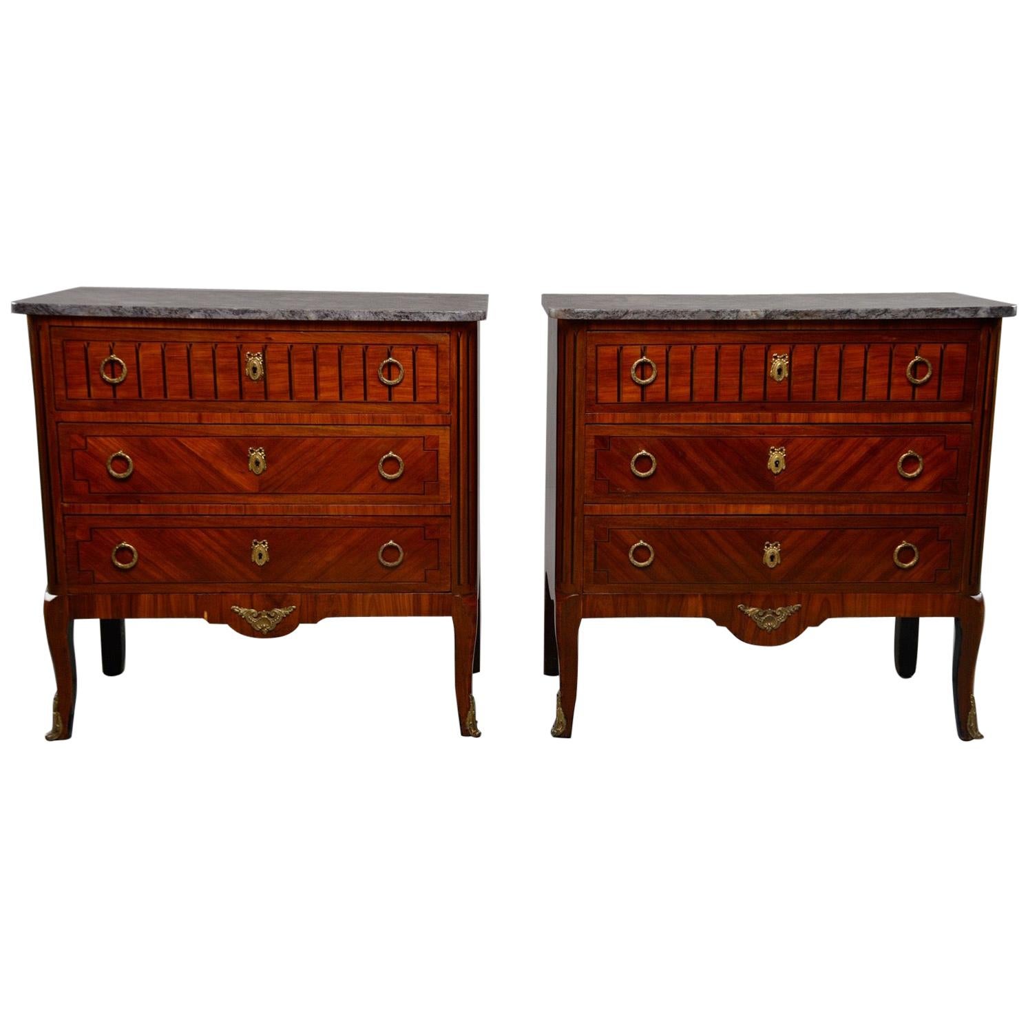 Pair of Louis XVI Style Mahogany Chests with Marble Tops