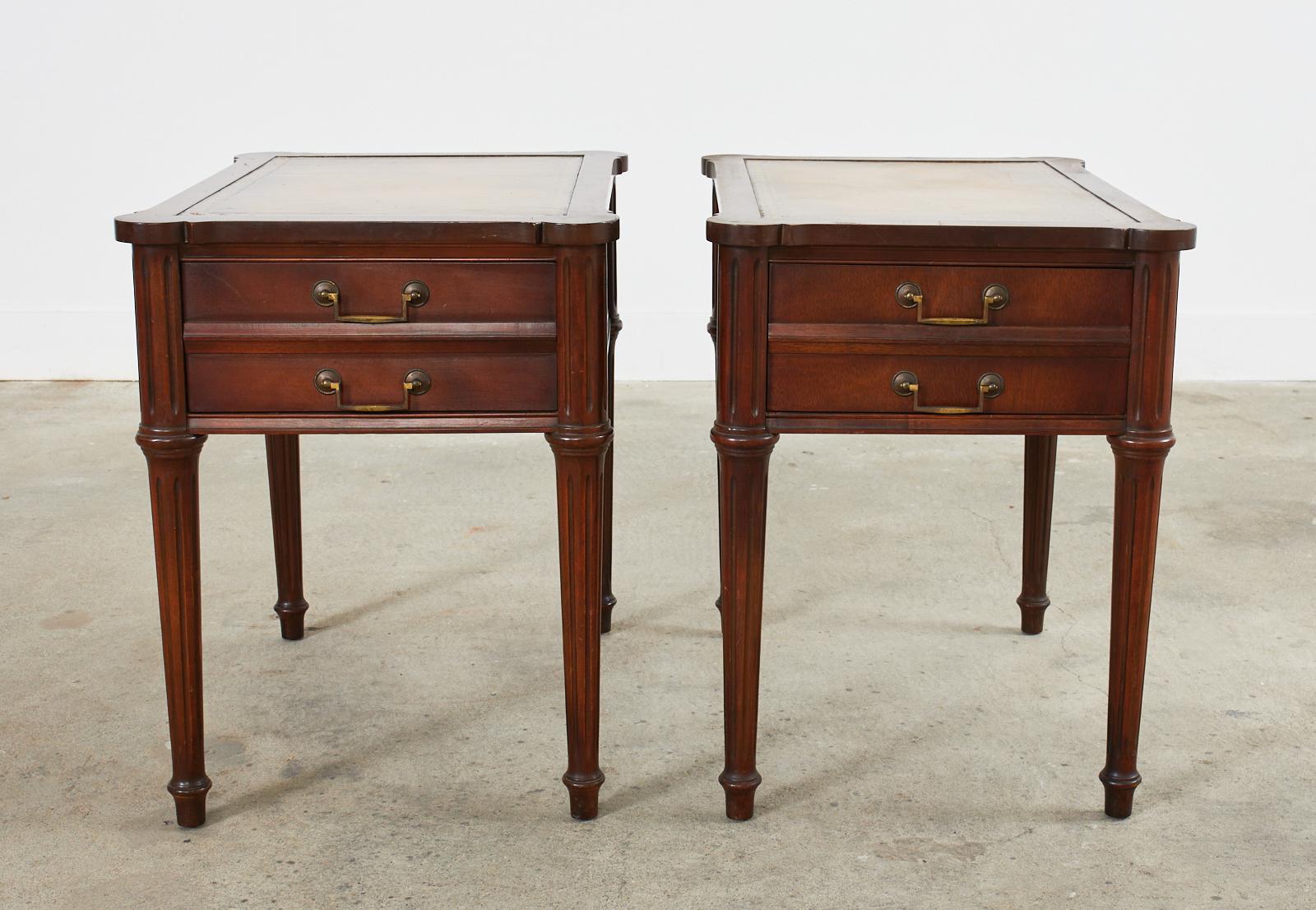 French Pair of Louis XVI Style Mahogany Nightstands with Leather Tops