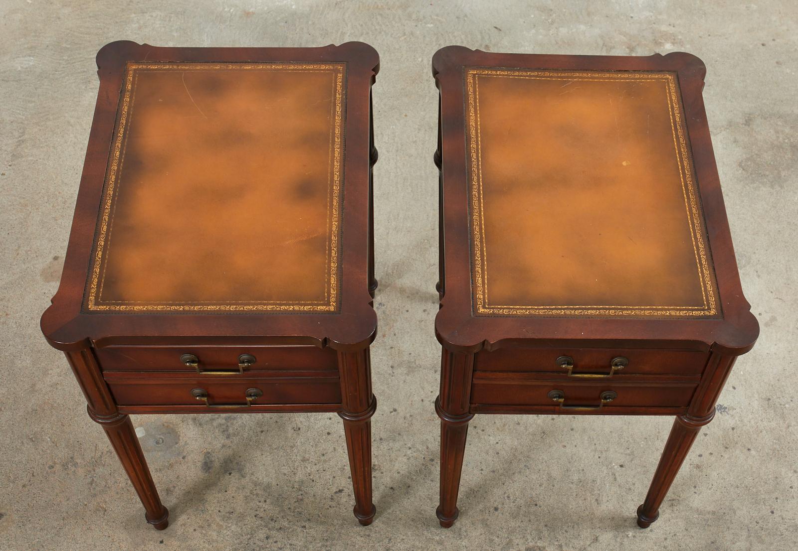 Embossed Pair of Louis XVI Style Mahogany Nightstands with Leather Tops