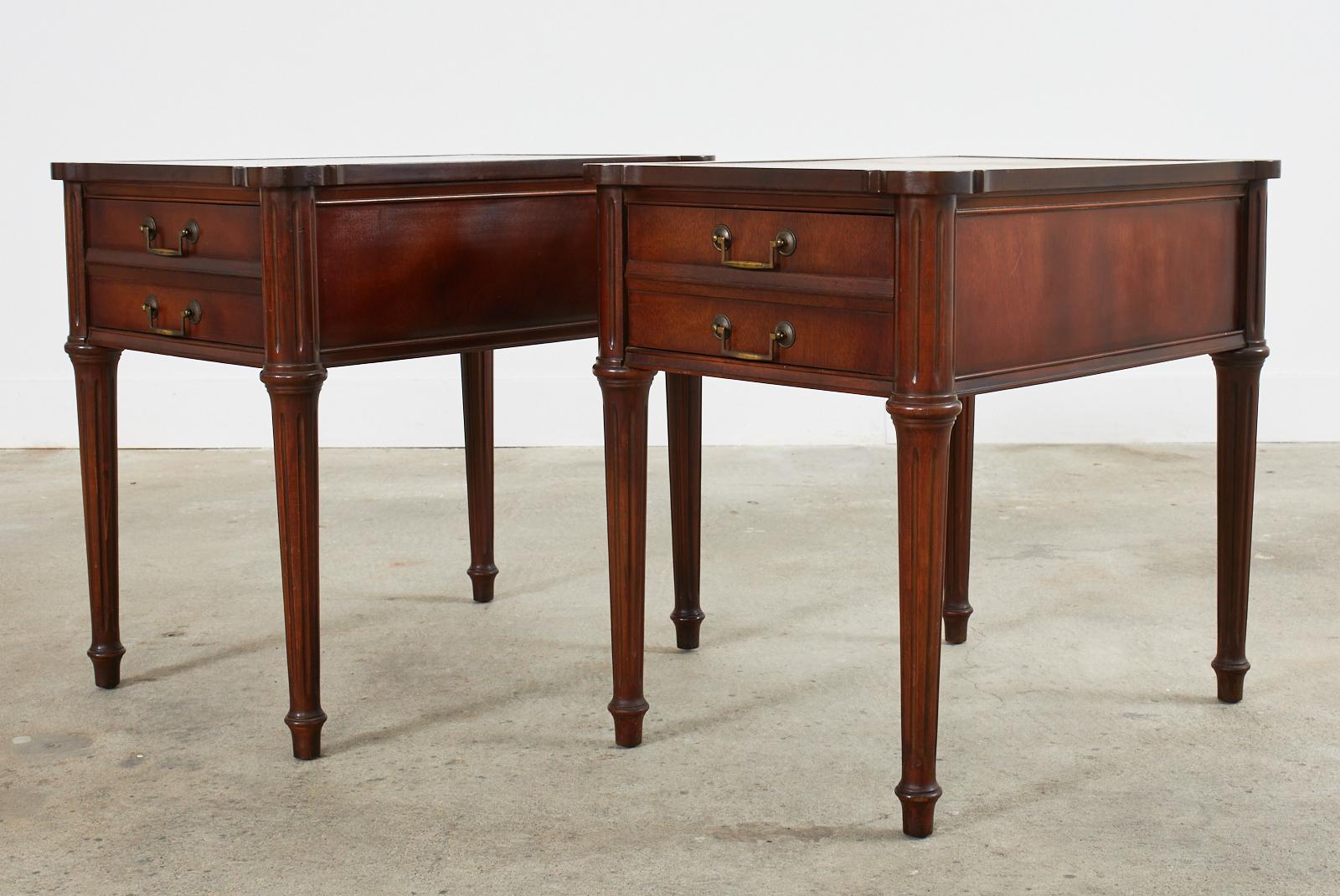 Pair of Louis XVI Style Mahogany Nightstands with Leather Tops In Good Condition In Rio Vista, CA