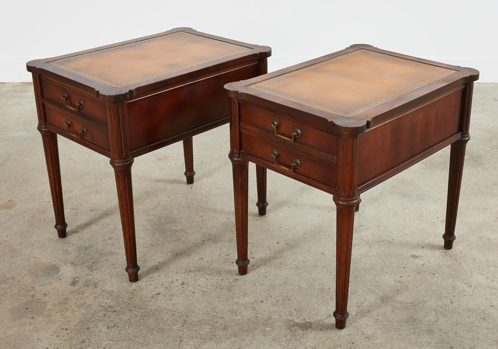 20th Century Pair of Louis XVI Style Mahogany Nightstands with Leather Tops