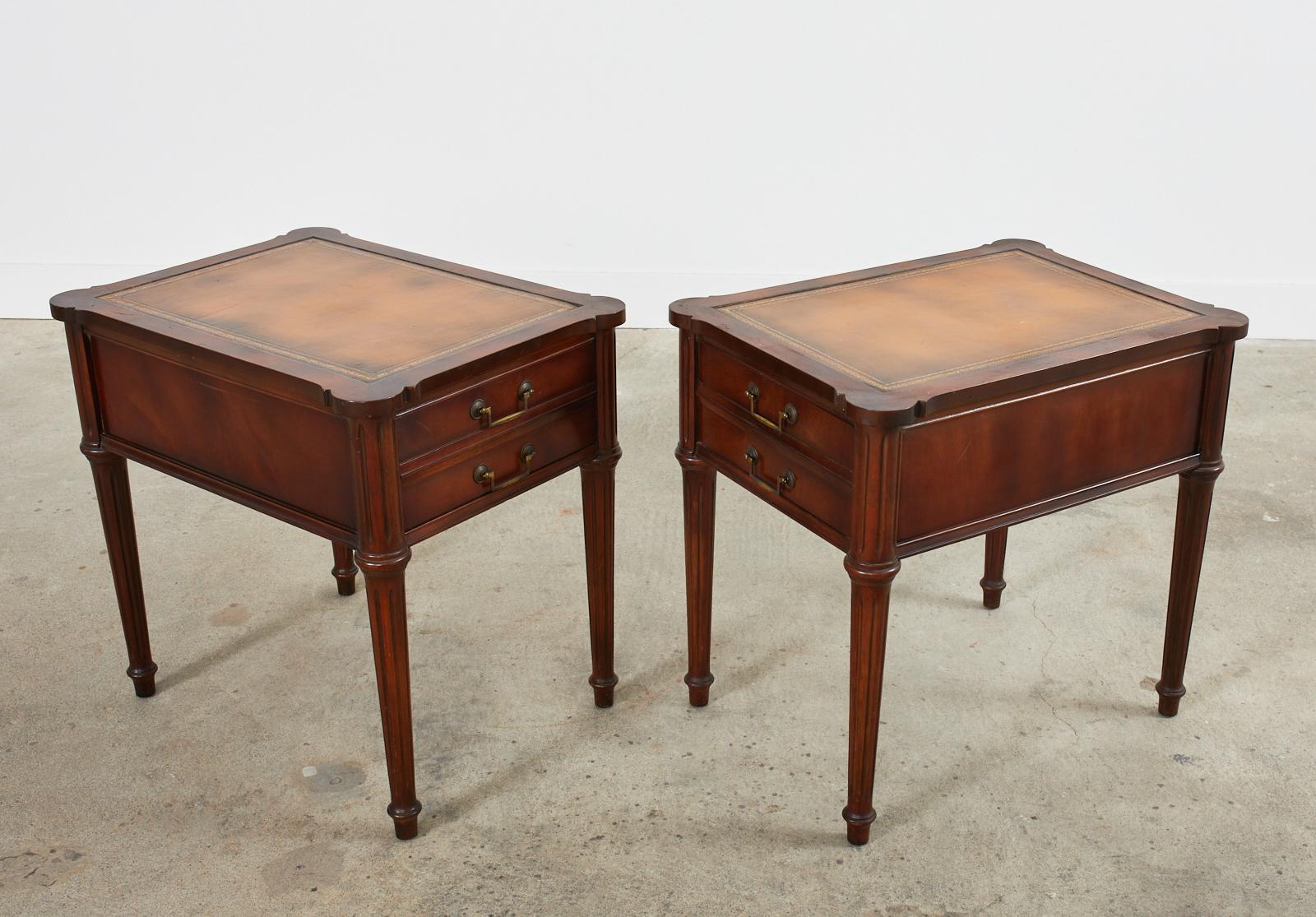 Brass Pair of Louis XVI Style Mahogany Nightstands with Leather Tops