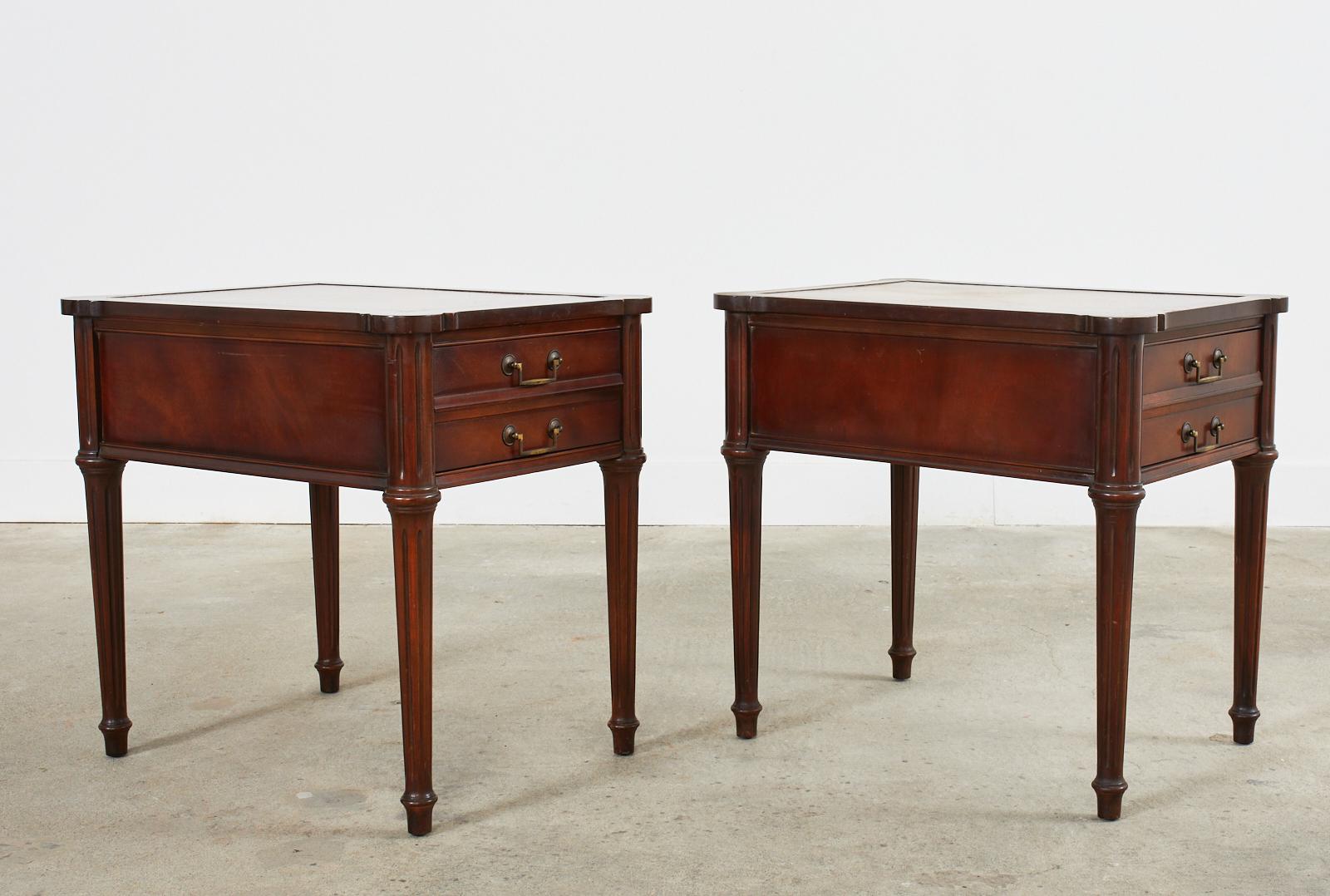 Pair of Louis XVI Style Mahogany Nightstands with Leather Tops 1