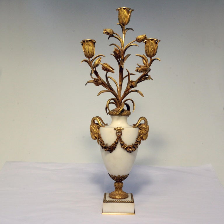 French Pair of Louis XVI Style Marble and Gilt Bronze Candelabra For Sale