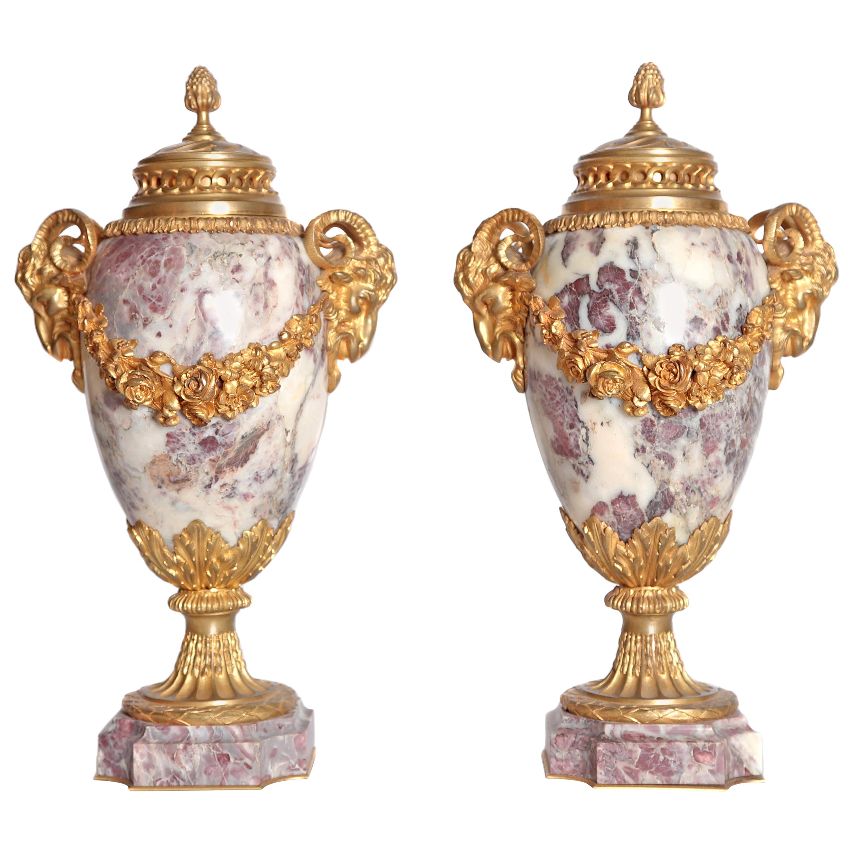 Pair of Louis XVI Style Marble Cassolettes with Gilt Bronze Mounts