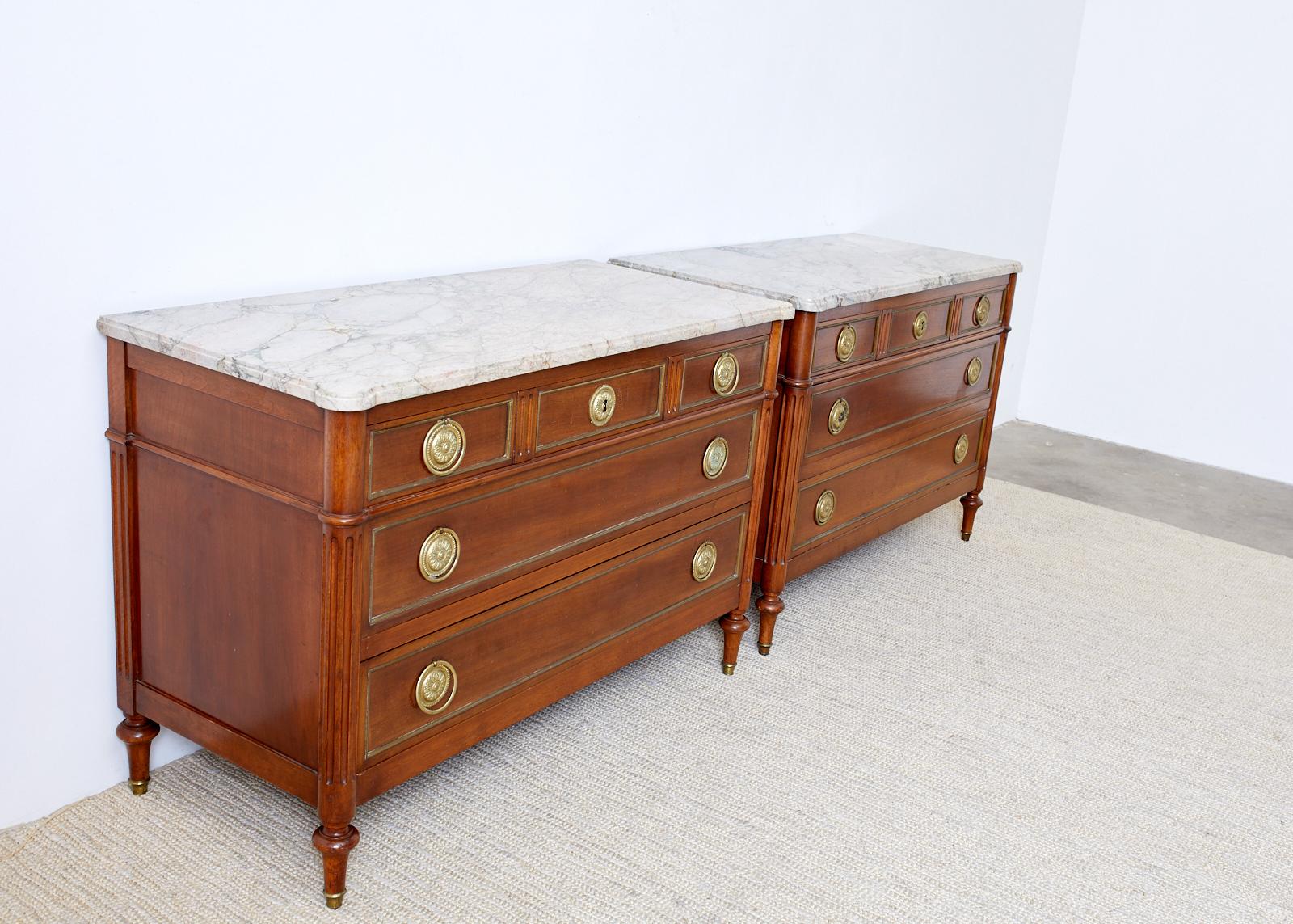 20th Century Pair of Louis XVI Style Marble Top Commodes or Dressers