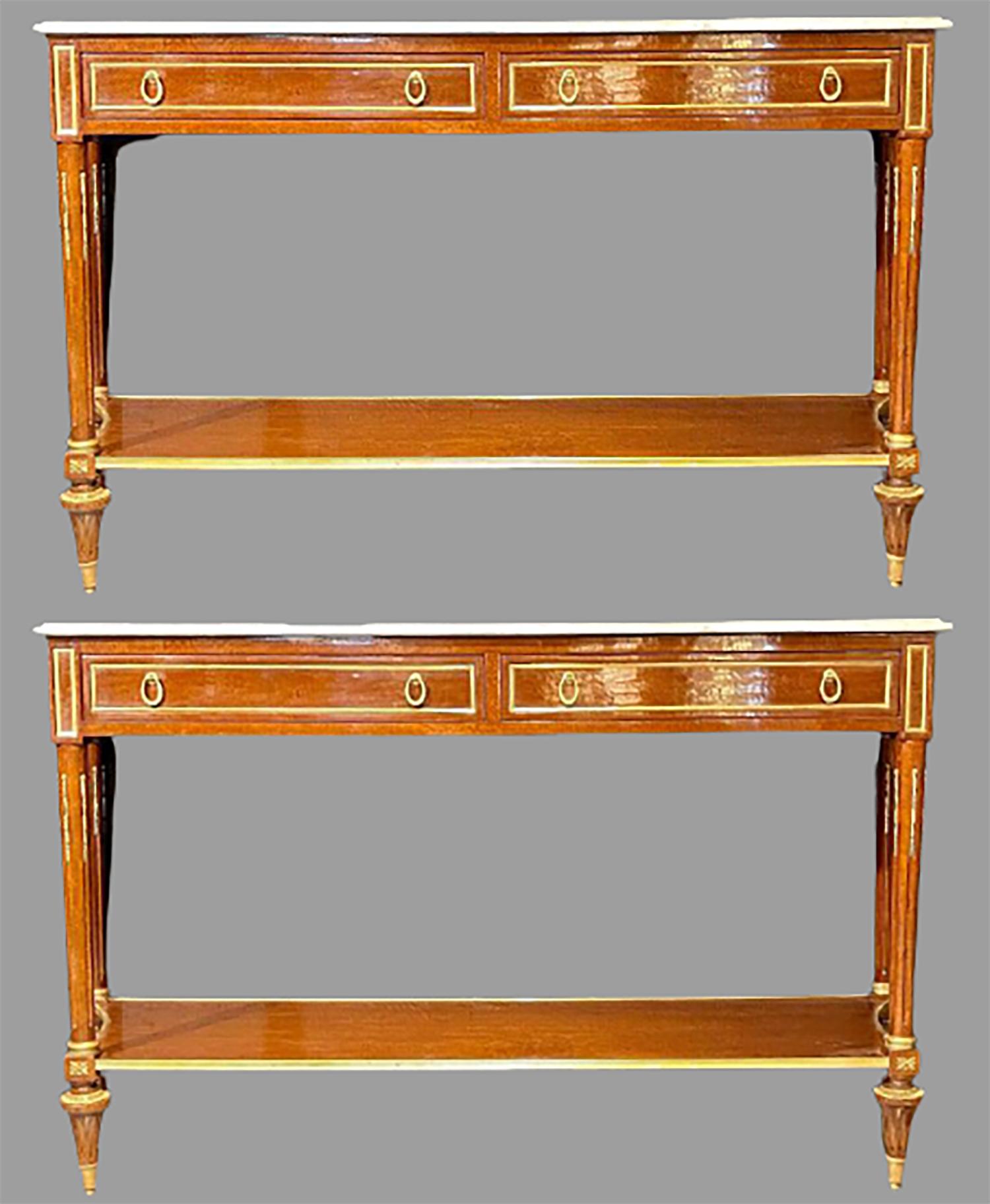 Pair of Louis XVI Style Marble Top Consoles / Sideboards in the Jansen Manner In Good Condition In Stamford, CT
