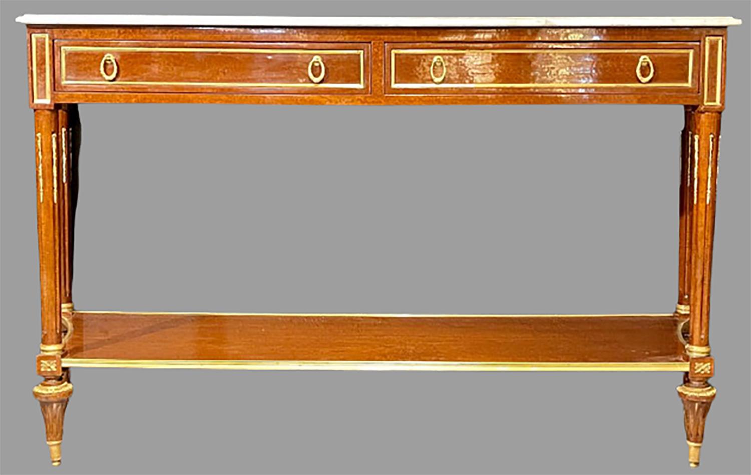 20th Century Pair of Louis XVI Style Marble Top Consoles / Sideboards in the Jansen Manner