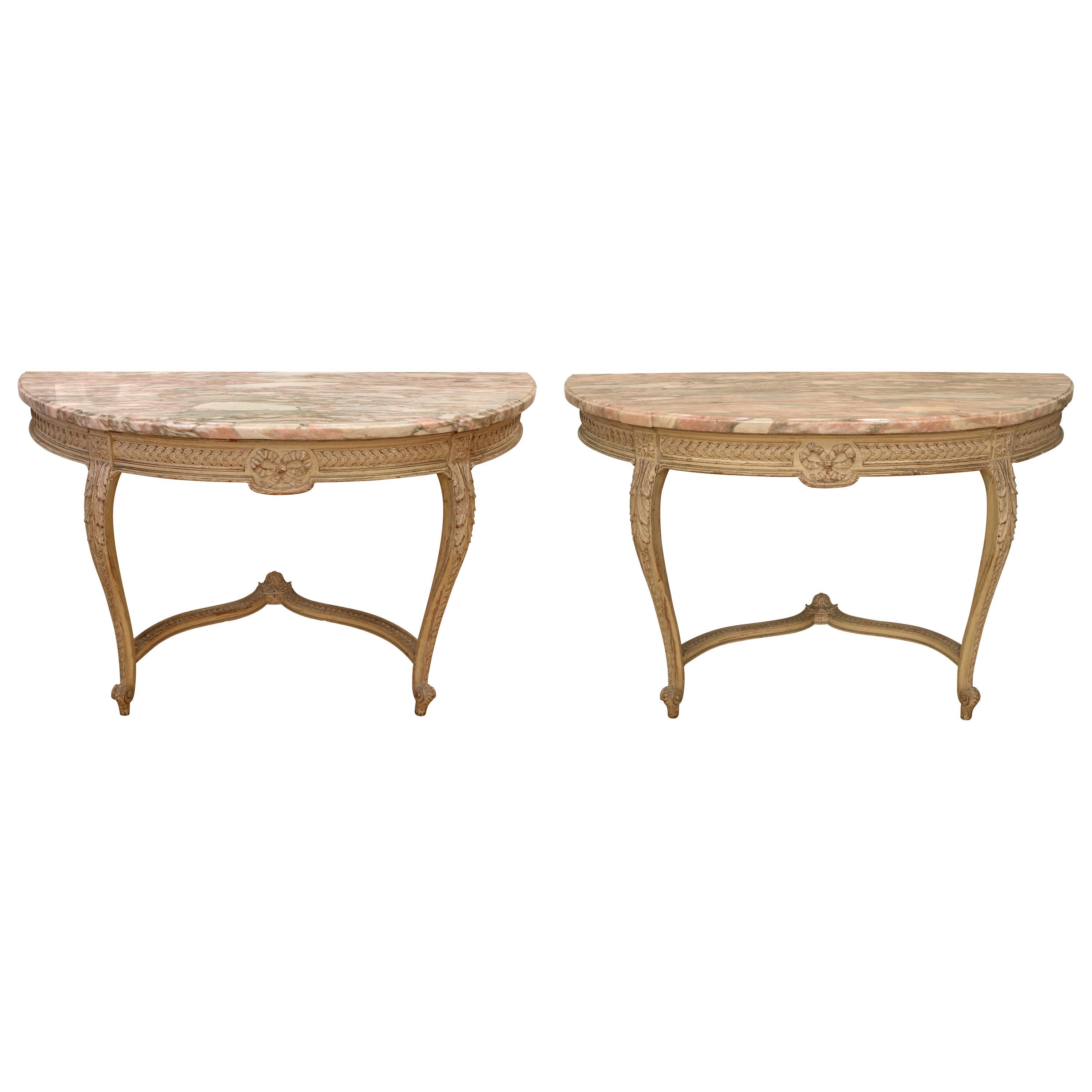 Pair of Louis XVI Style Marble-Top Demilune Consoles