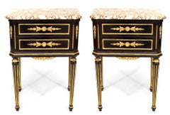 Pair of Louis XVI Style Marble Top Ebonized Nightstands, by Maison Jansen