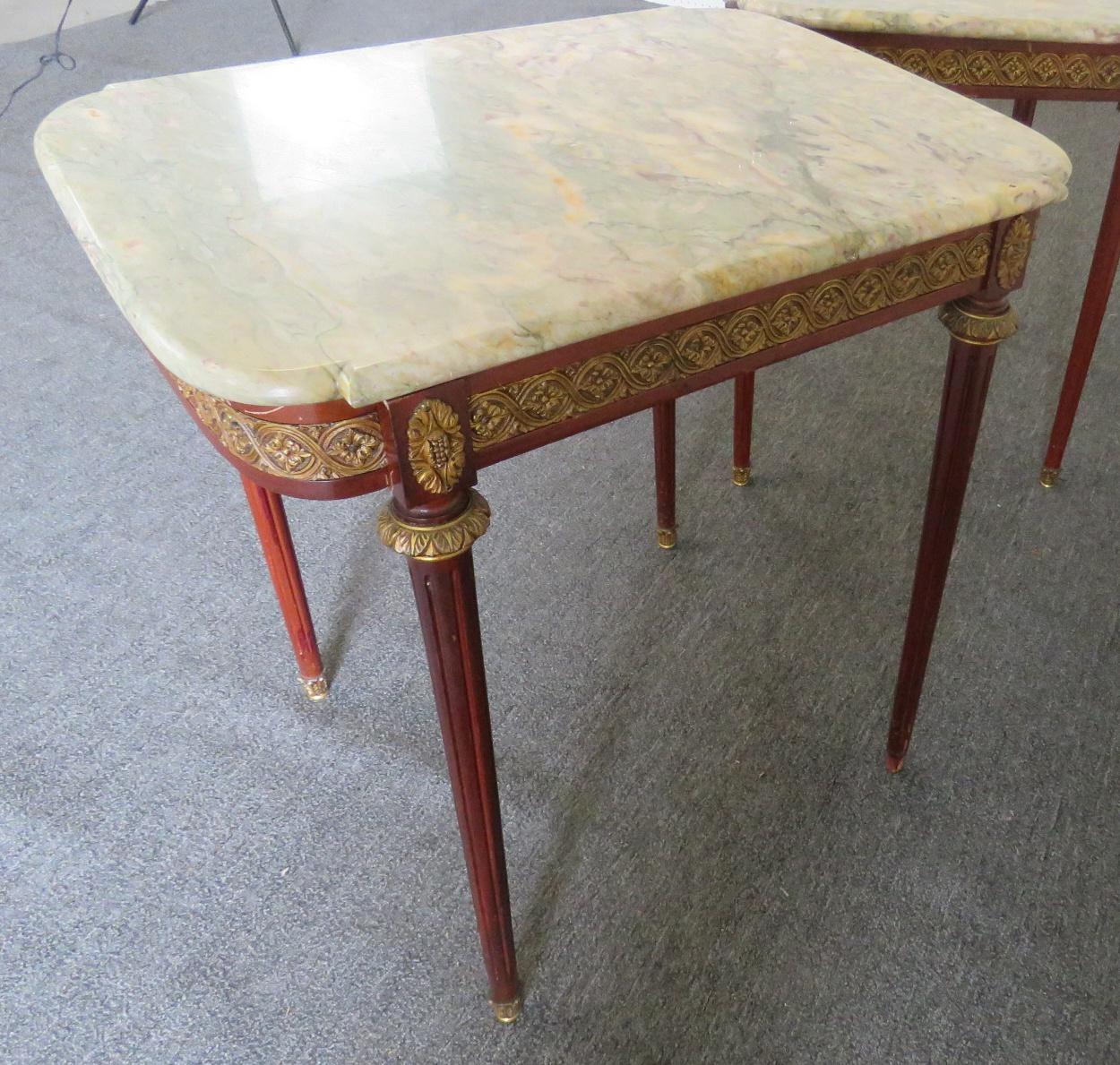 Bronze Pair of Louis XVI Style Marble-Top End Tables mann. Forest