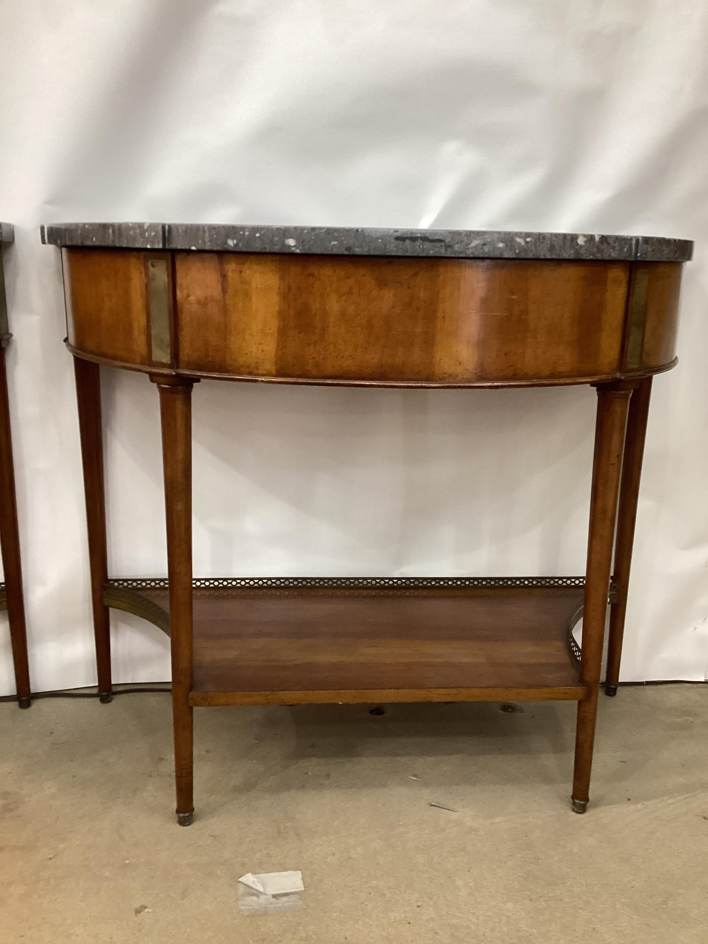 Pair of Louis XVI Style Marble Top Mahogany Brass Mounted Demi-Lune Consoles For Sale 6