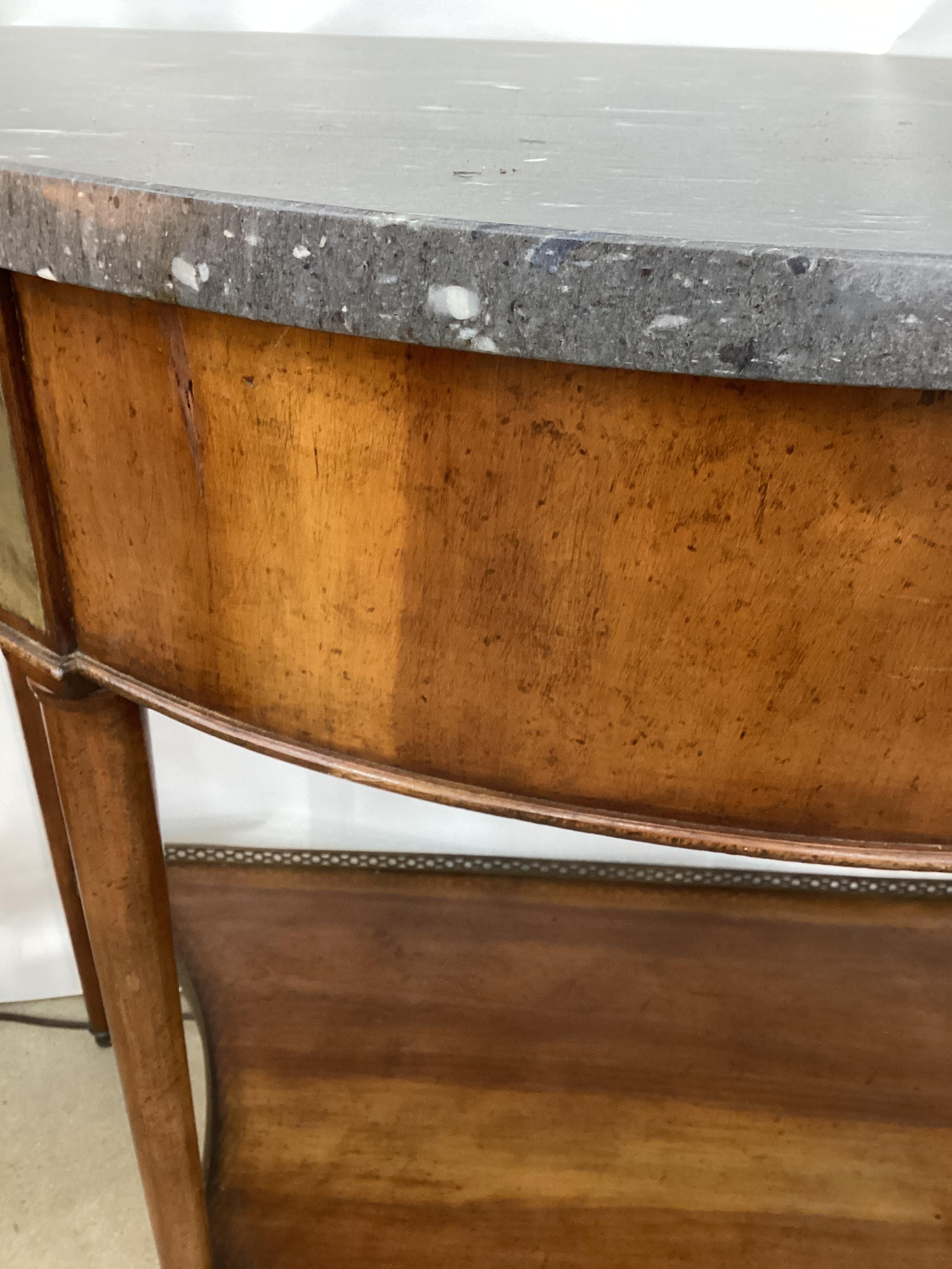 Pair of Louis XVI Style Marble Top Mahogany Brass Mounted Demi-Lune Consoles For Sale 8
