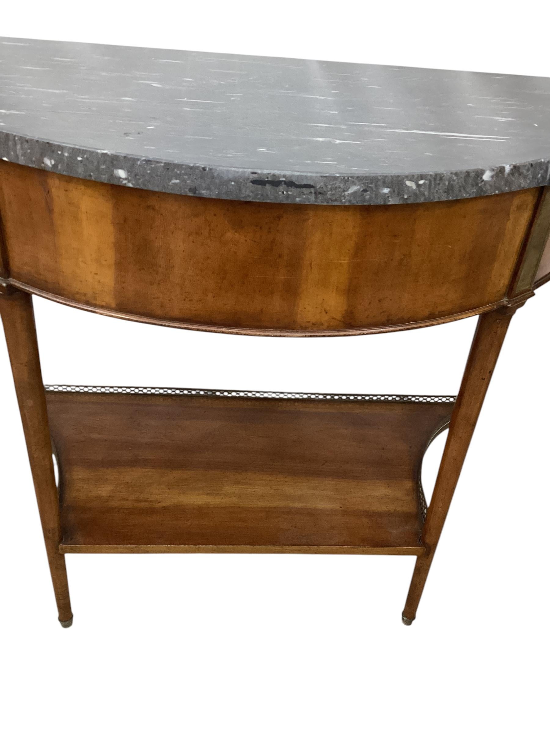 Pair of Louis XVI Style Marble Top Mahogany Brass Mounted Demi-Lune Consoles In Good Condition For Sale In Chapel Hill, NC