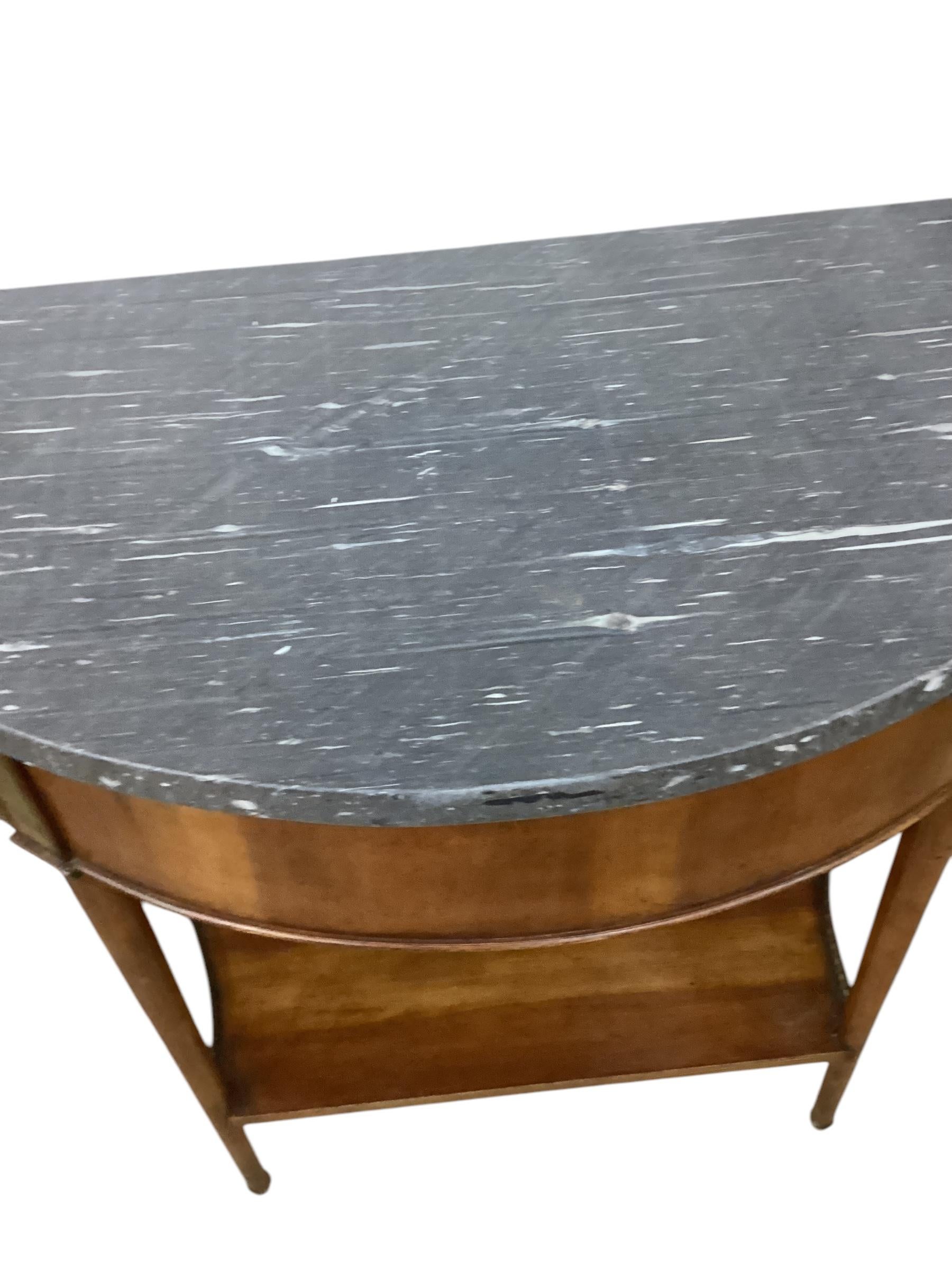 20th Century Pair of Louis XVI Style Marble Top Mahogany Brass Mounted Demi-Lune Consoles For Sale