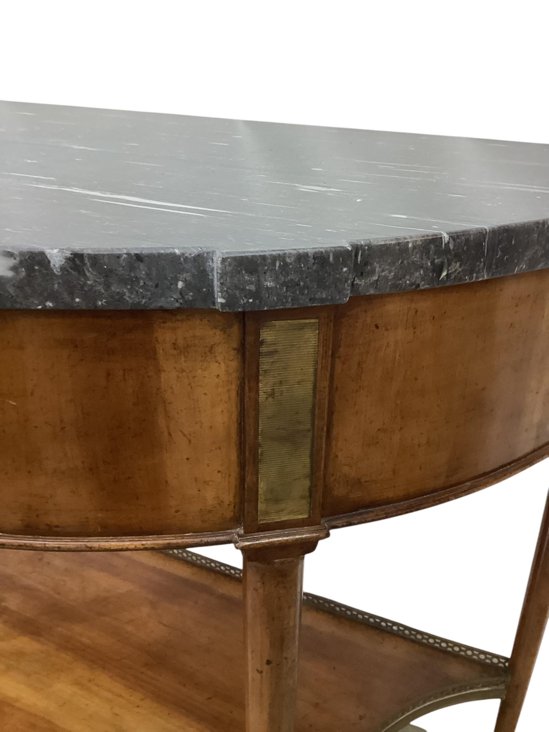 Pair of Louis XVI Style Marble Top Mahogany Brass Mounted Demi-Lune Consoles For Sale 1