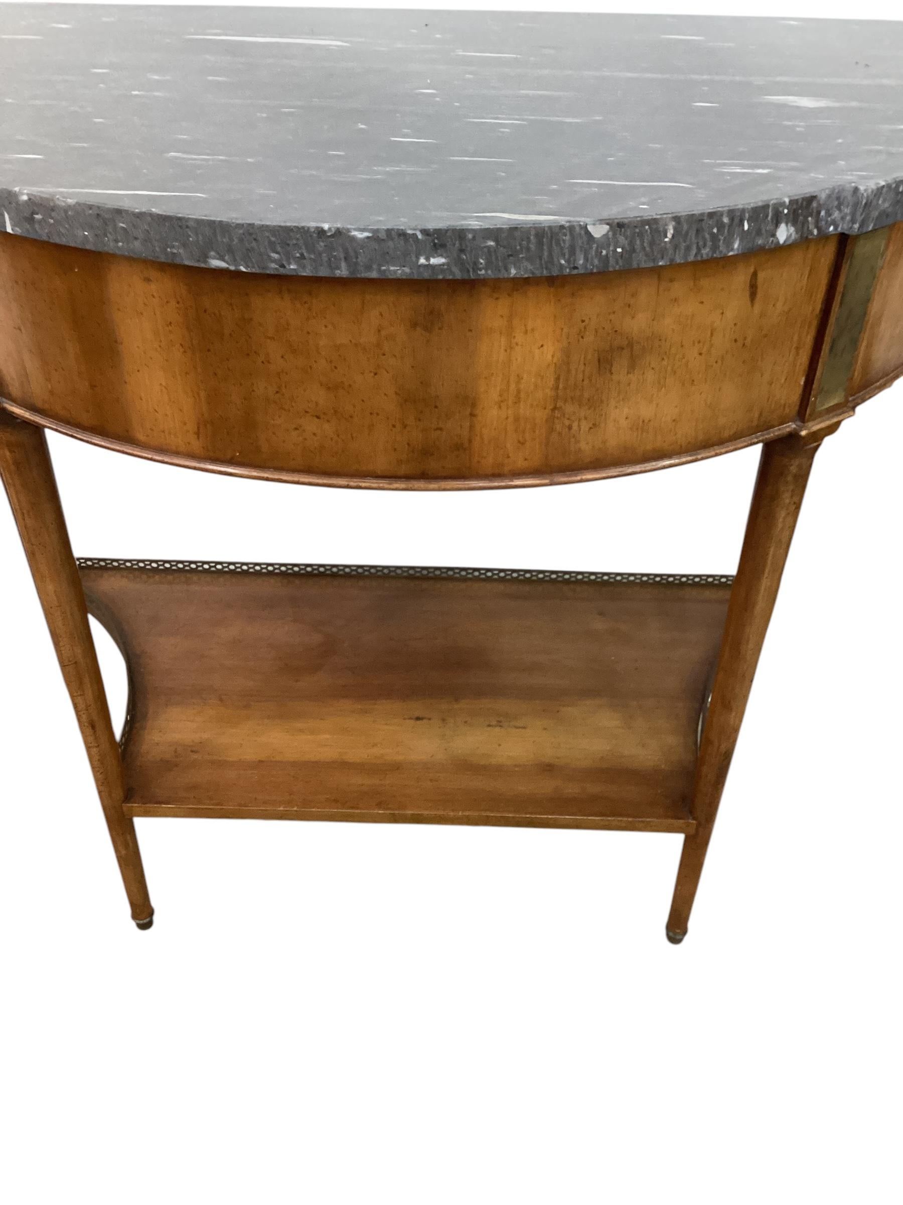 Pair of Louis XVI Style Marble Top Mahogany Brass Mounted Demi-Lune Consoles For Sale 4