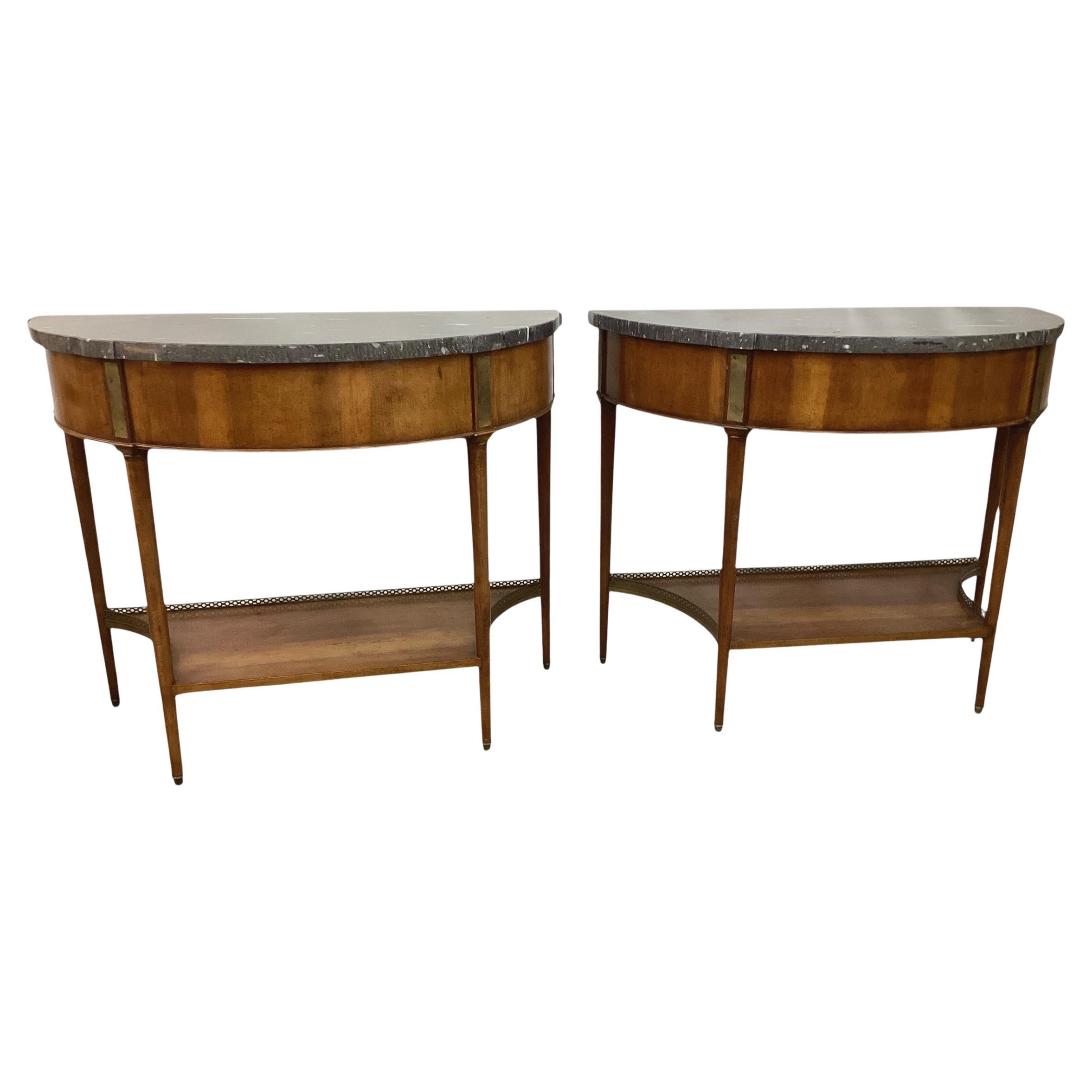 Pair of Louis XVI Style Marble Top Mahogany Brass Mounted Demi-Lune Consoles