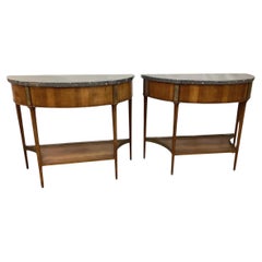Pair of Louis XVI Style Marble Top Mahogany Brass Mounted Demi-Lune Consoles
