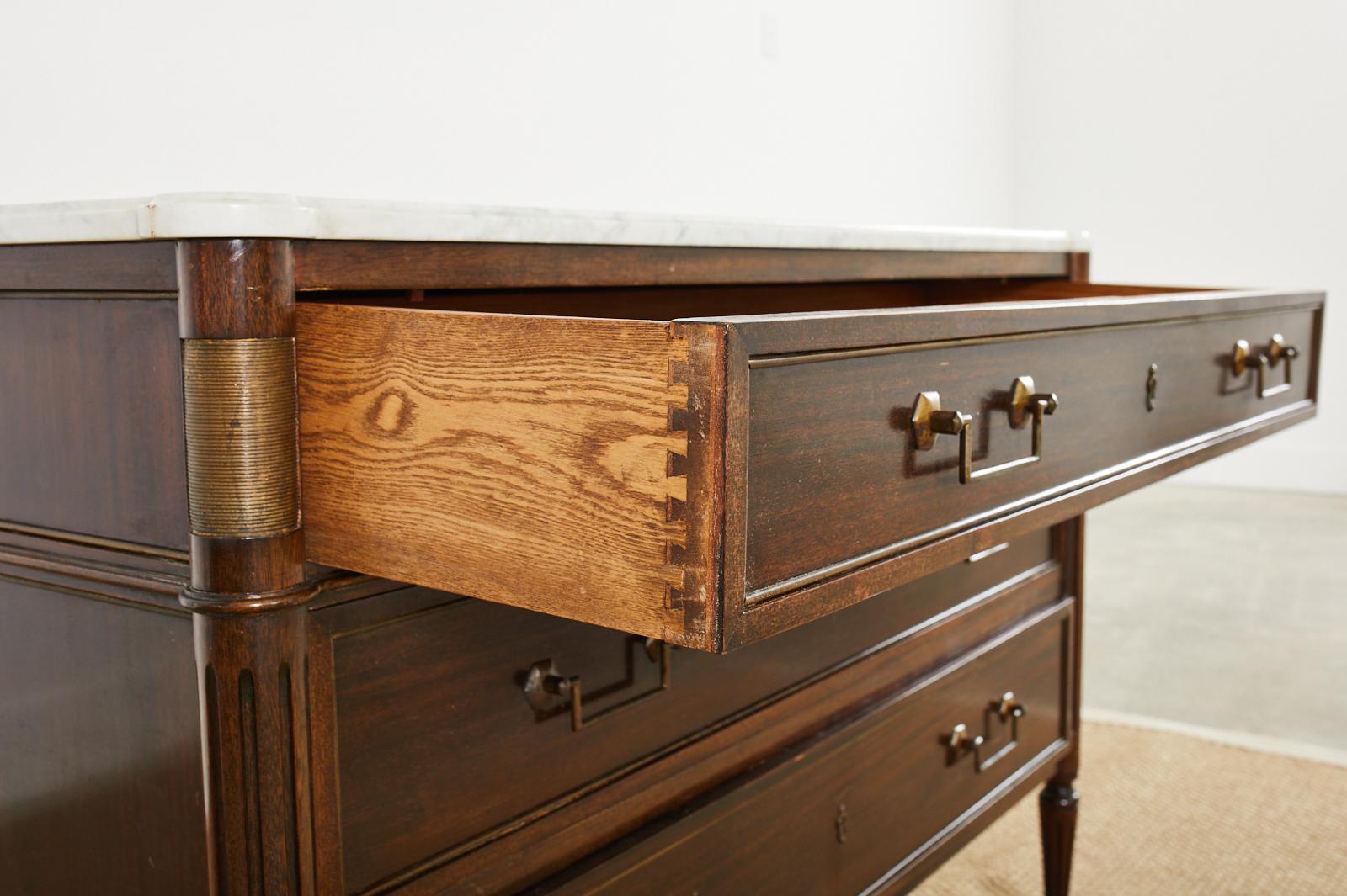 Pair of Louis XVI Style Marble Top Mahogany Commode Chests 5