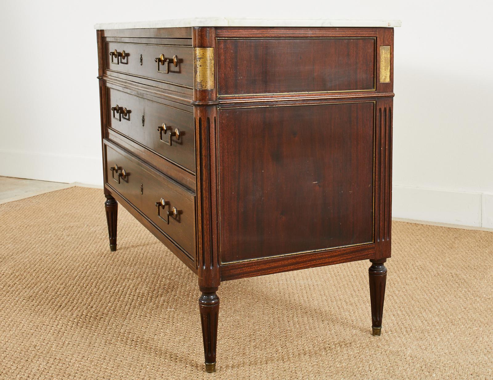 Pair of Louis XVI Style Marble Top Mahogany Commode Chests 10