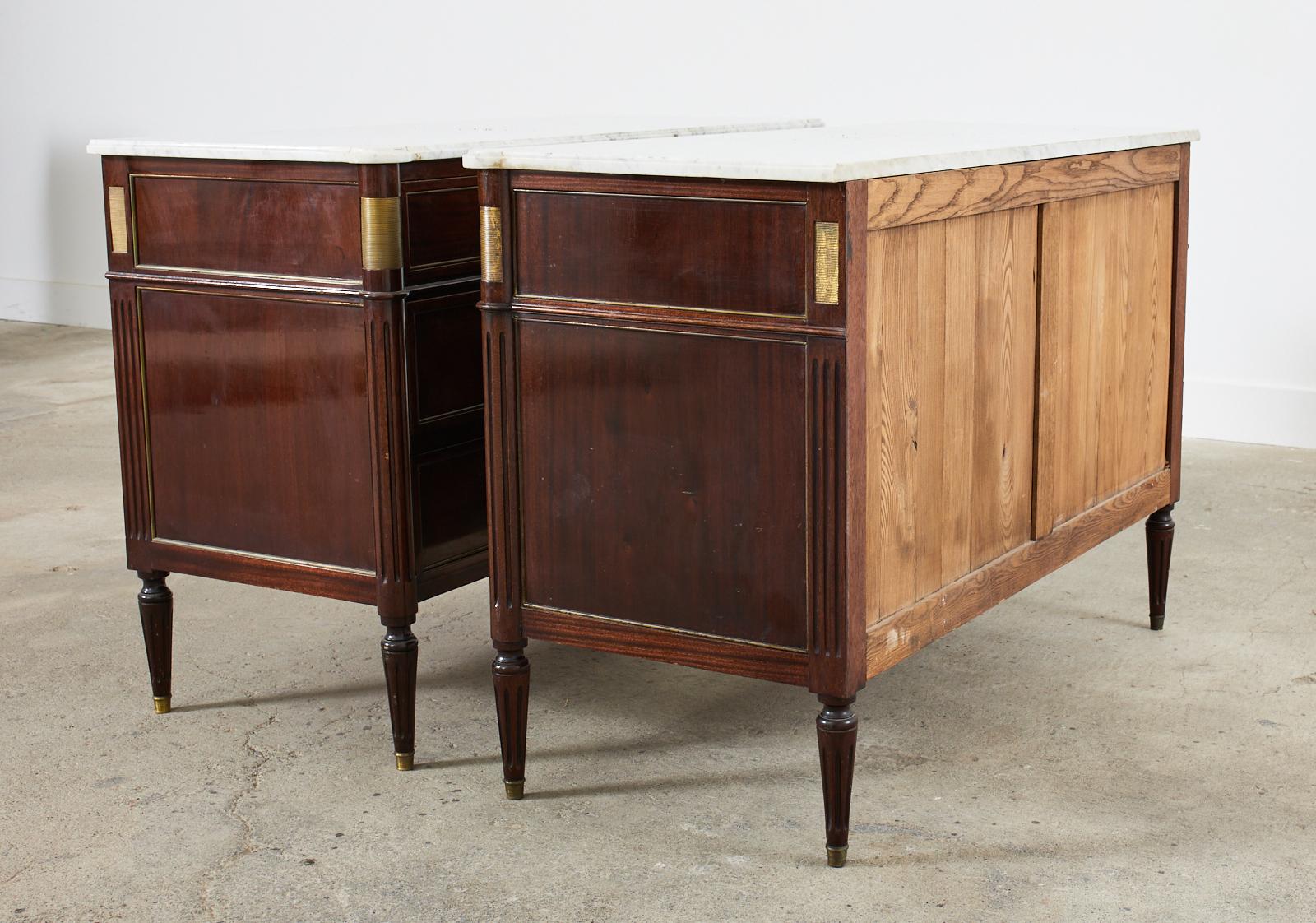 Pair of Louis XVI Style Marble Top Mahogany Commode Chests 13