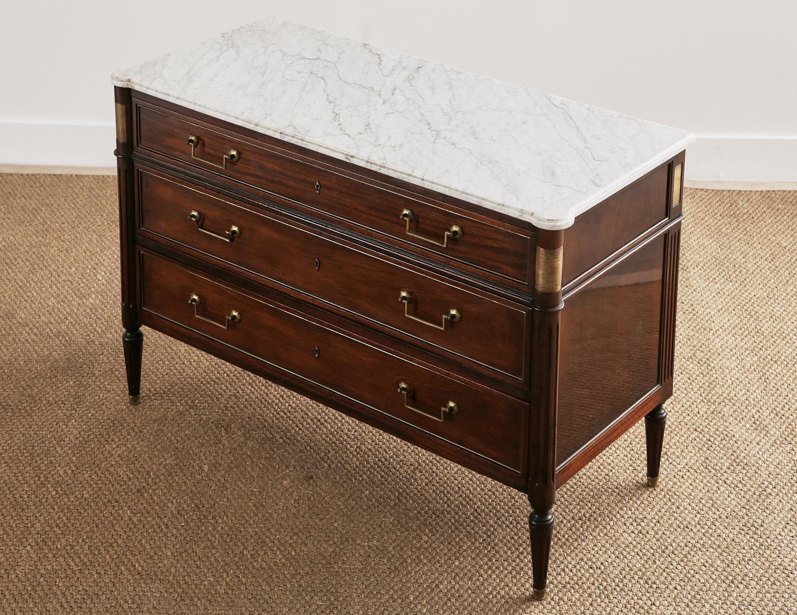 French Pair of Louis XVI Style Marble Top Mahogany Commode Chests