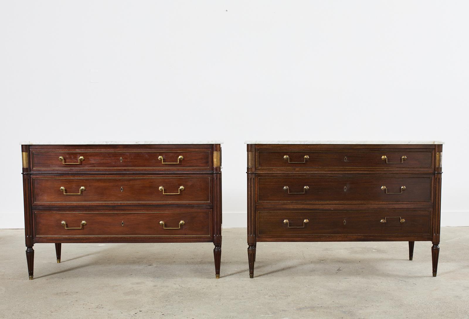 Pair of Louis XVI Style Marble Top Mahogany Commode Chests In Good Condition In Rio Vista, CA